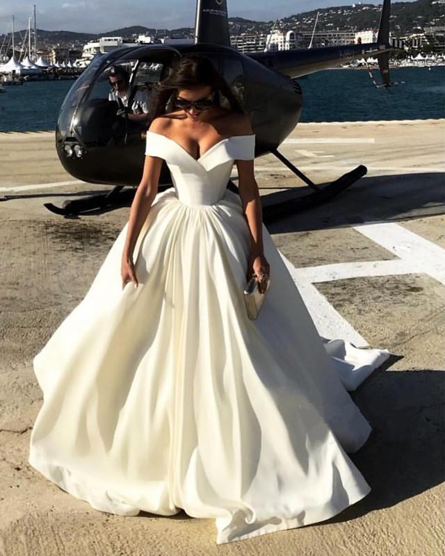 Elegant Deep V-Neck Satin Ball Gown Wedding Dress Off-The-Shoulder for Bridal Party & Formal Events