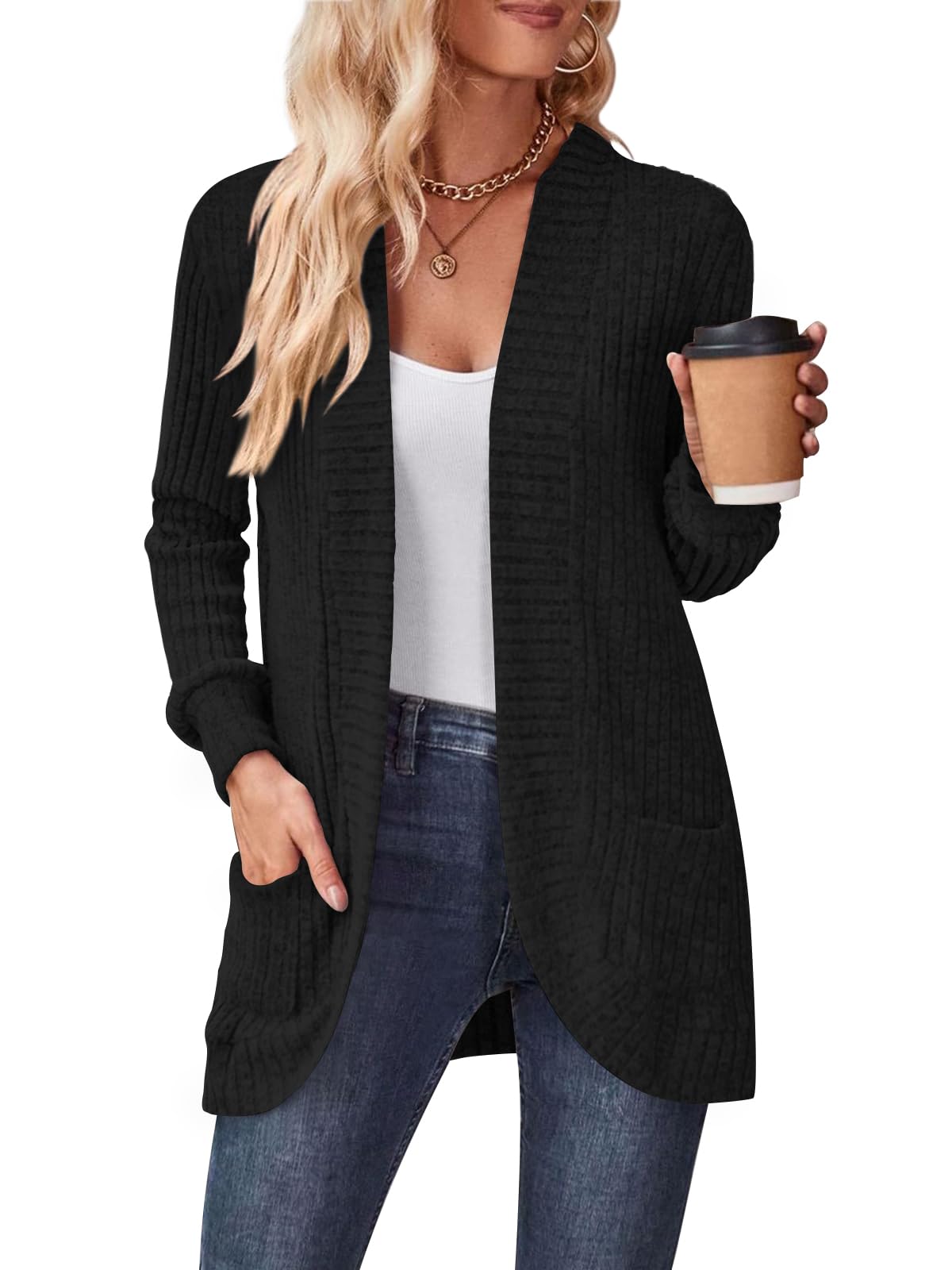 DB MOON Women's Lightweight Long Cardigan Sweater - Open Front Long Sleeve Coat with Pockets | Perfect for Office, Travel & Casual Outfits