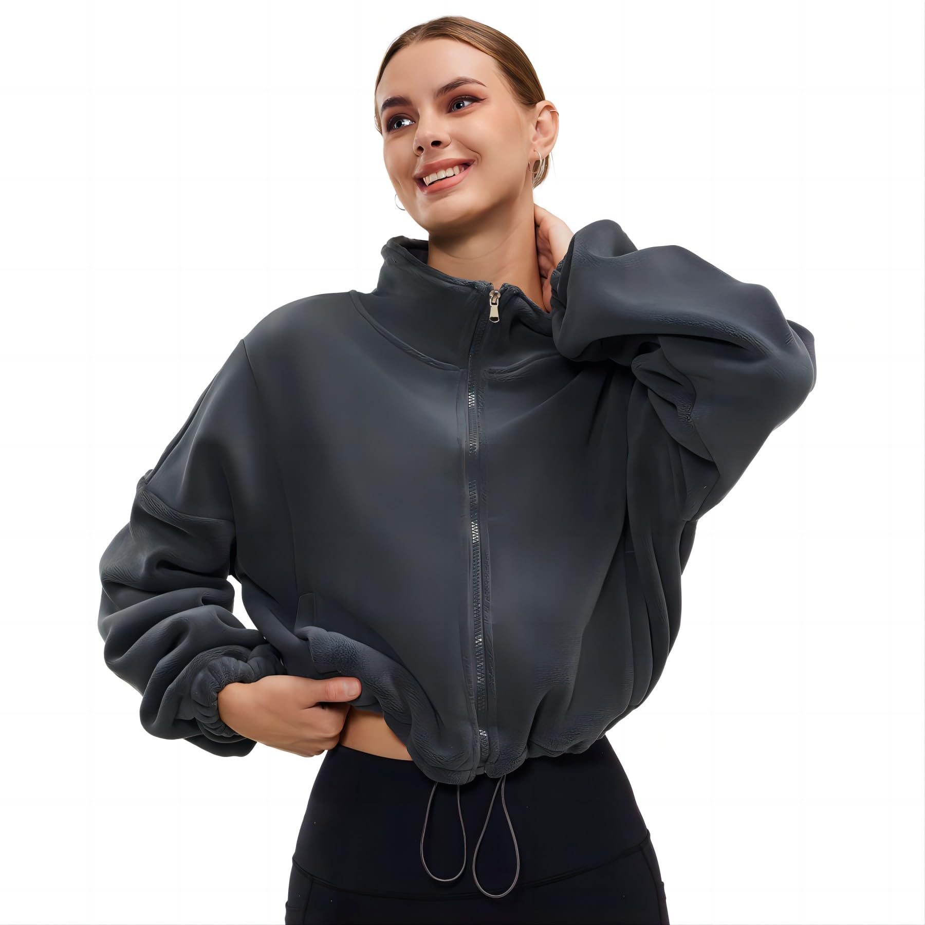 Women's Winter Fleece Sherpa Cropped Bomber Jacket - Oversized Cozy Sweatshirt for Cold Weather - Perfect for Casual Outfits, Streetwear & Outdoor Activities