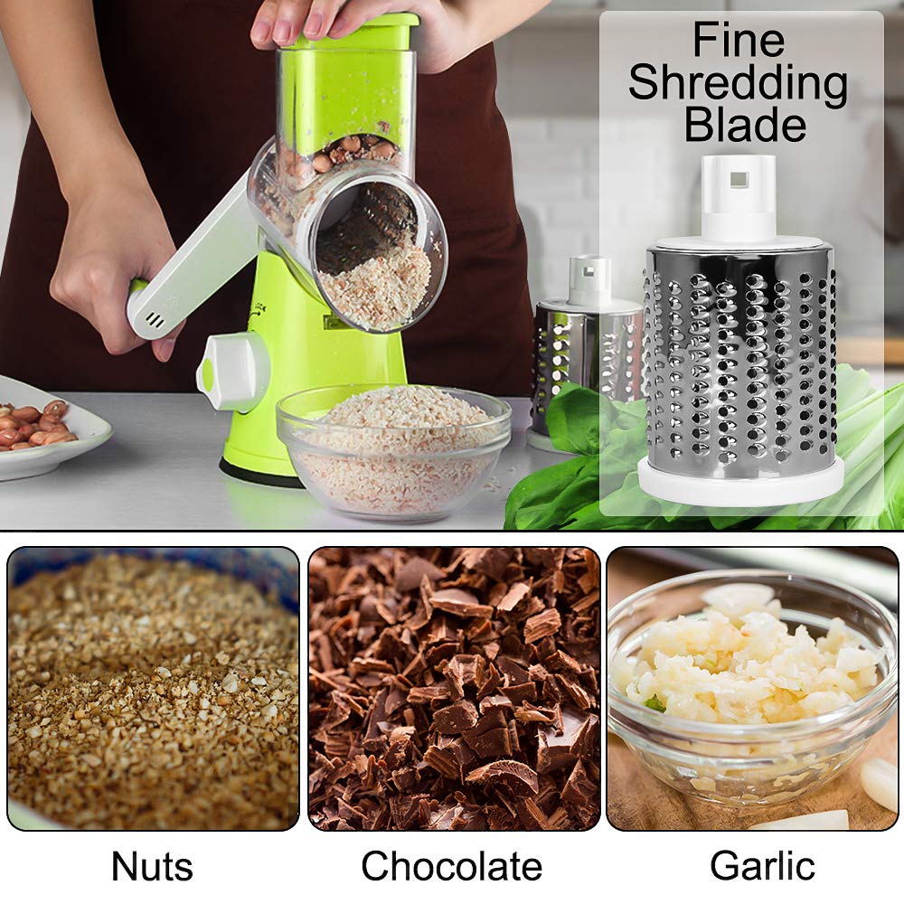 Premium Rotary Cheese Grater - 3 Interchangeable Stainless Steel Blades for Effortless Shredding | Perfect for Cheese, Vegetables, Nuts & Fruits | Easy to Clean Kitchen Gadget (Green) - Ideal for Meal Prep, Pizza Topping & Salad Making