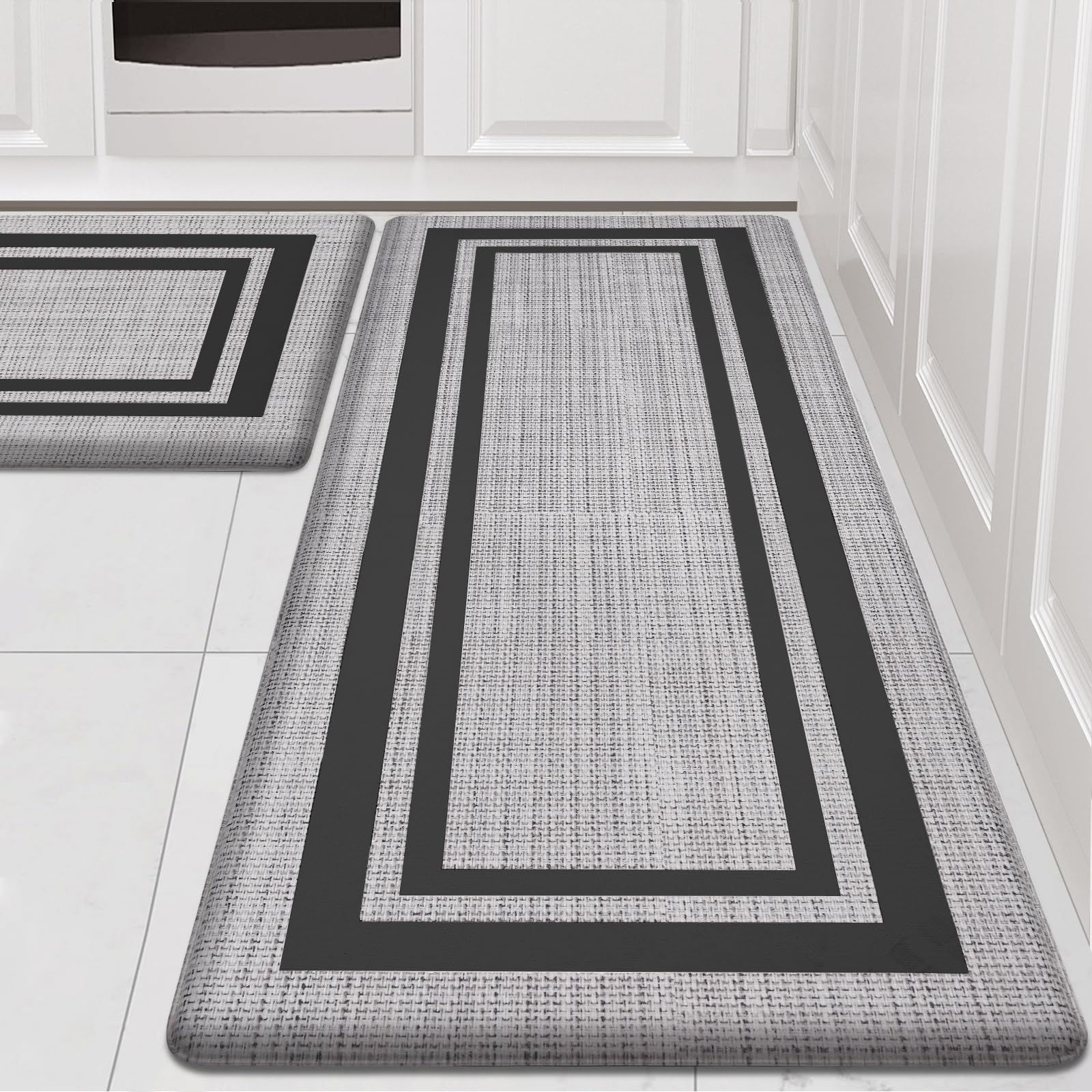 **Anti Fatigue Kitchen Floor Mat 2-Pack – 1/2 Inch Thick Cushioned Standing Mat Set, Non-Slip Waterproof PVC Memory Foam Mats for Sink, Office & Laundry – Black – Perfect for Long Hours Standing in Kitchen or Workspace**