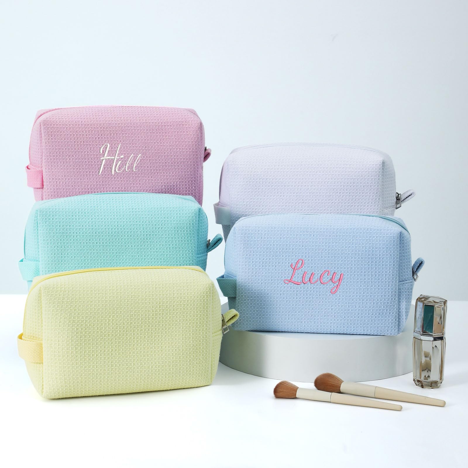 DYSHAYEN Waffle Makeup Pouch Bag - Small Travel Cosmetic Organizer for Women | Perfect Gift for Bridesmaids, Wedding & Christmas (Blue) | Ideal for Travel, Daily Use & Makeup Storage