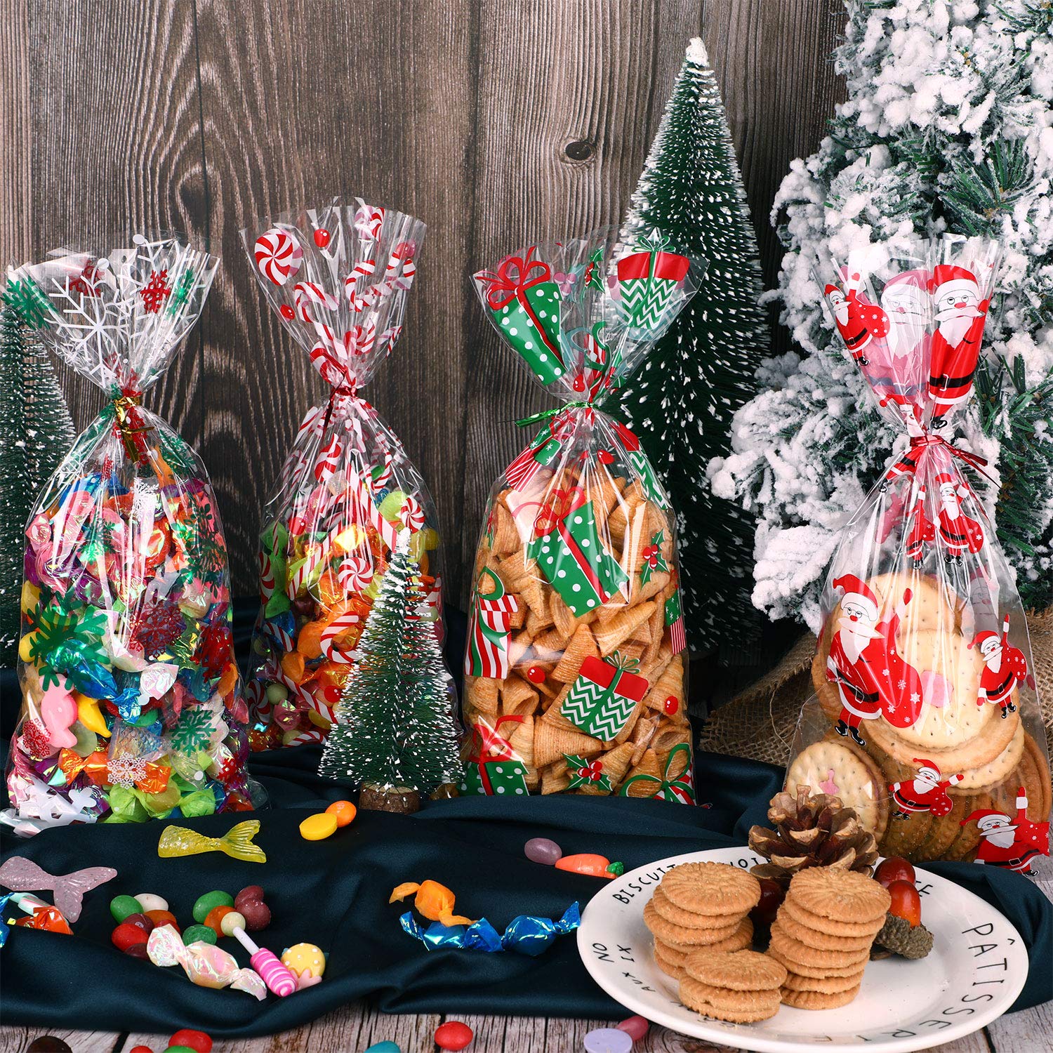 100 Pcs Christmas Cellophane Gift Bags with Ribbon - Holiday Treat Bags for Cookies, Candy & Party Favors - Xmas Winter Party Supplies for Christmas Gifts, Cookie Exchange & Holiday Celebrations