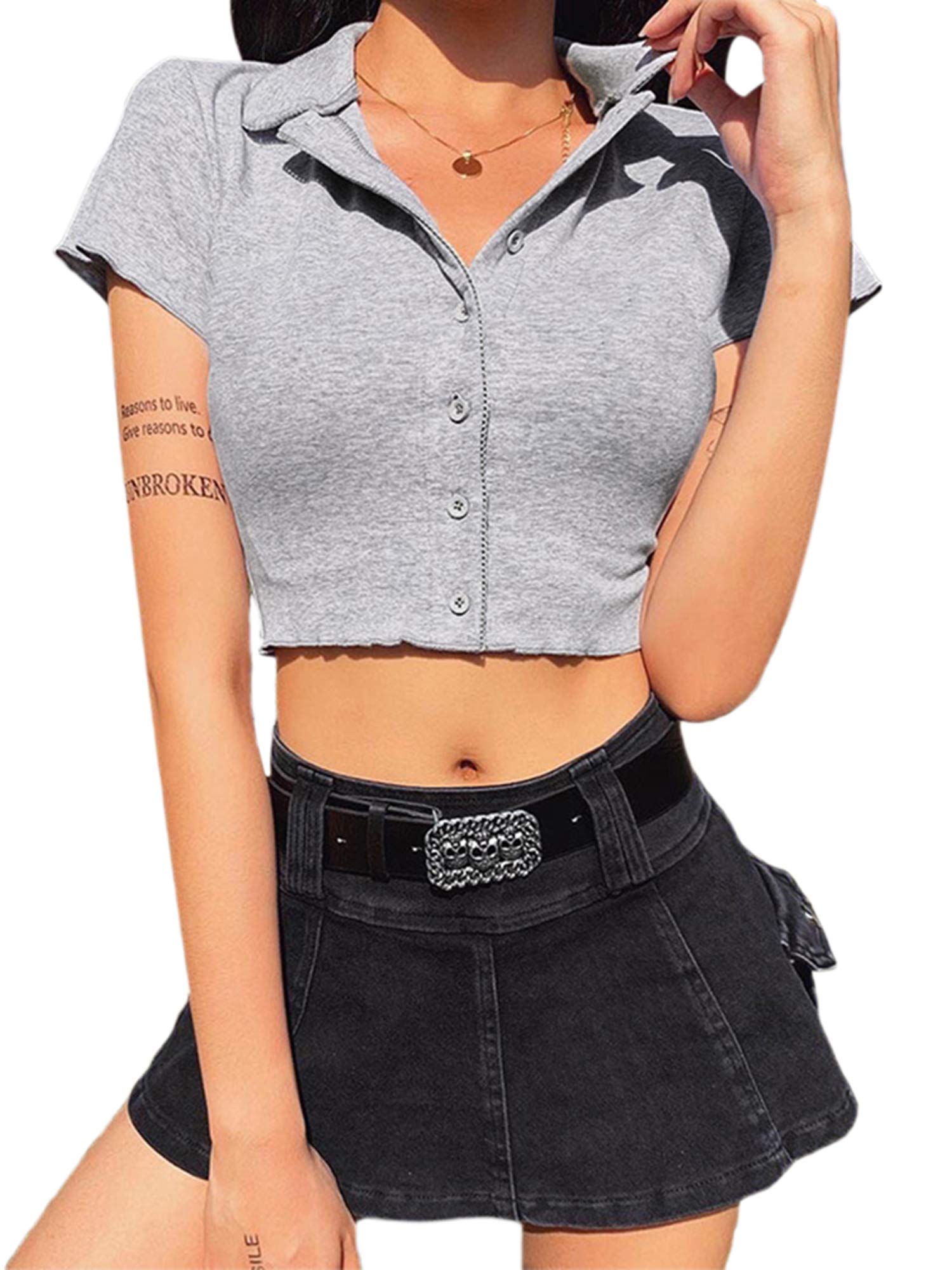 Women's Cropped Lapel Coat - Loose Short Sleeve Slimming Shirt for Casual Wear & Party Outfits | Grey Crop Top for Summer Fashion, Beach Outings and Date Nights