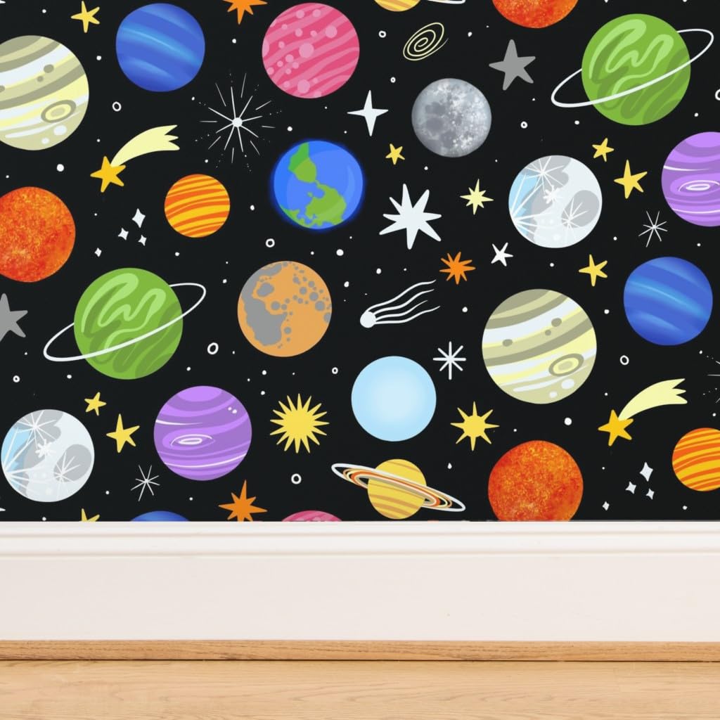 Planets Stars Earth Space Moon Galaxy Celestial Traditional Wallpaper - Commercial Grade 27ft x 2ft Roll for Living Room, Bedroom & Nursery Decor | Peel & Stick Wallpaper for Easy Installation