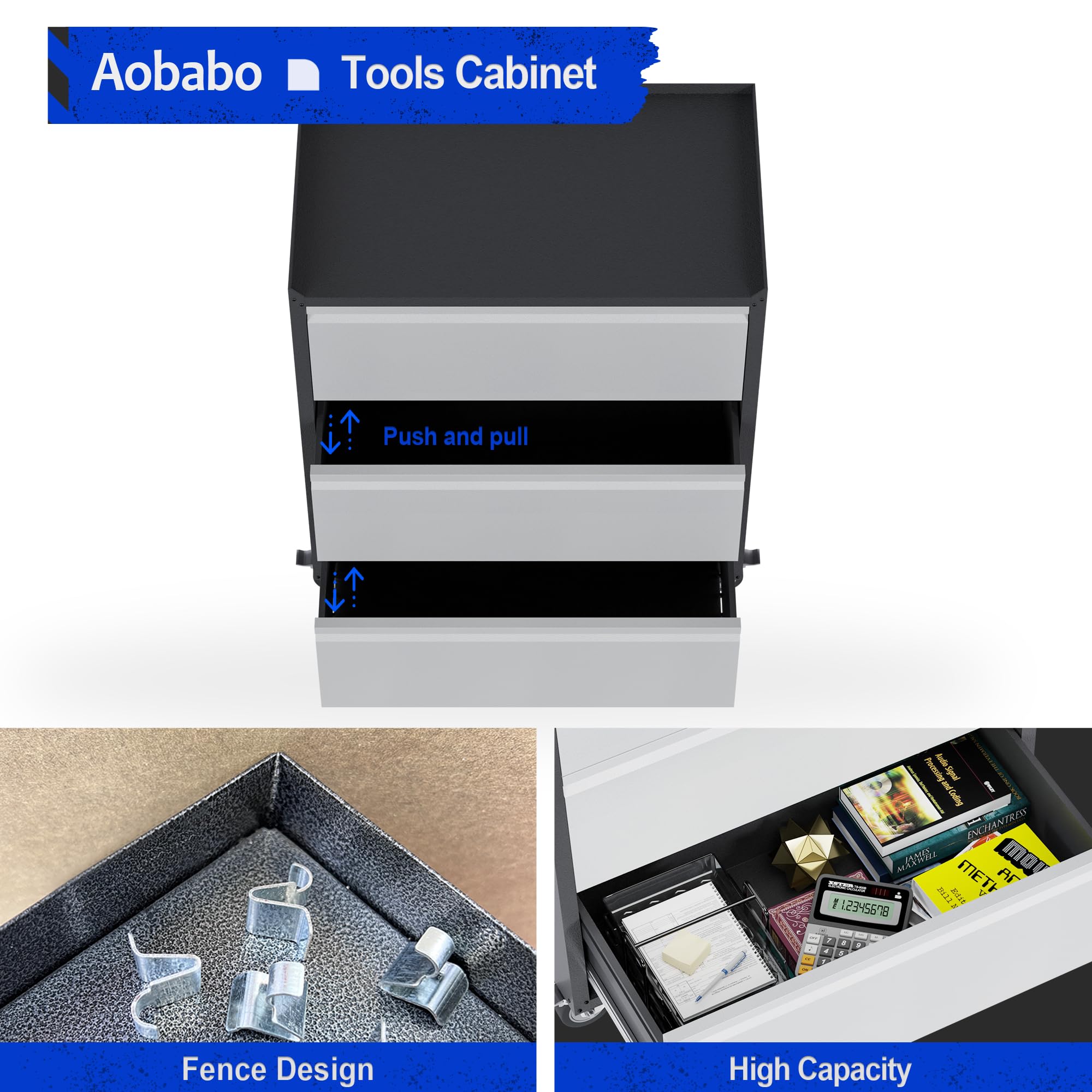 Aobabo 3-Drawer Rolling Tool Chest - Heavy-Duty Metal Garage Storage Cabinet with Wheels, Black/Gray (Assembly Required) - Perfect for Workshop, Garage & Home Organization