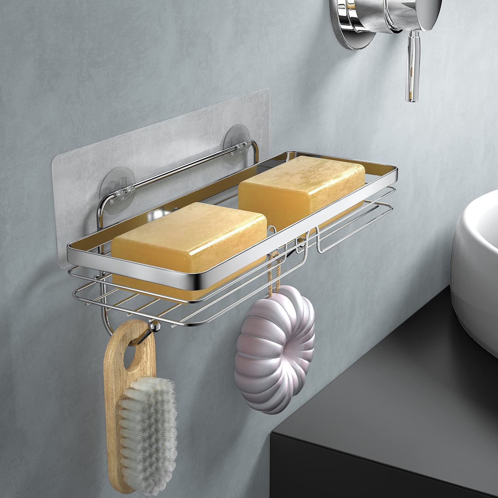 Stusgo Adhesive Shower Caddy Wall Mount - No Drill Bathroom Storage Shelf with 4 Hooks & Double Soap Dish Holder, SUS304 Stainless Steel (3 Pack) - Perfect for Small Bathrooms, Apartments & Dorm Showers