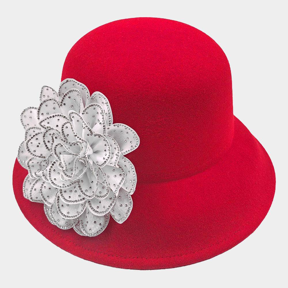 Stylish Red & White Bling Studded Flower Felt Bucket Hat for Women - Perfect for Summer Festivals, Beach Outings & Fashion Accessories