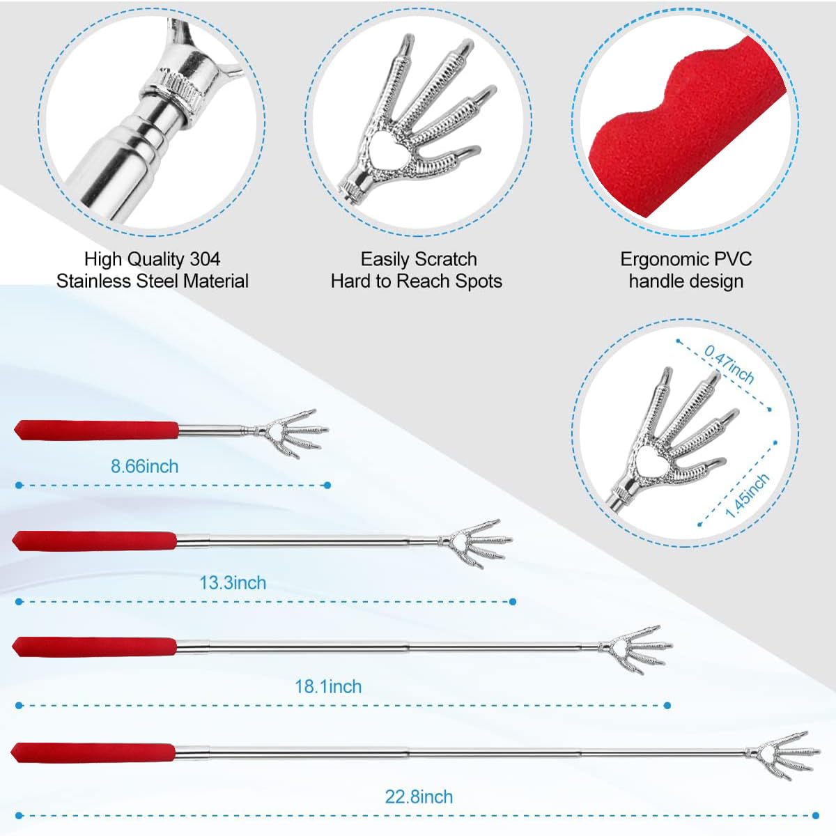 4 Pack Extendable Back Scratcher & Massager Tool - Telescoping Metal Back Scratcher with Beautiful Gift Box, Perfect for Men & Women - Ideal for Travel, Office, Home Use & Stocking Stuffers (Red)