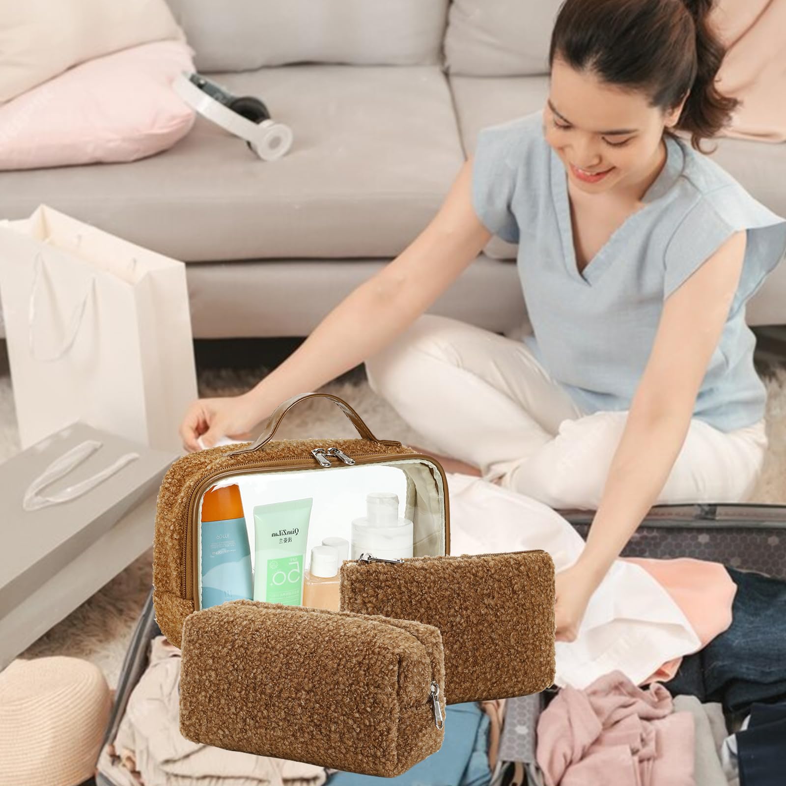 Bluboon 3-Piece Clear Makeup Organizer Set - Waterproof Travel Toiletry Bags with Zipper for Women | Perfect for Cosmetics, Skincare & Travel Essentials (Coffee Lamb Wool) | Great for Airplane Carry-On, Gym & Weekend Getaways
