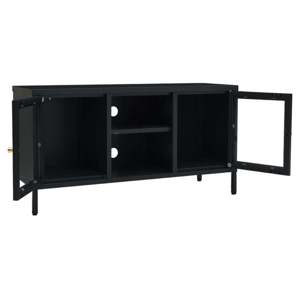 Modern Black TV Stand Cabinet - Sturdy Steel & Glass Construction with Adjustable Shelf - Spacious Storage for Living Room, Bedroom, Home Theater - Easy to Assemble & Clean