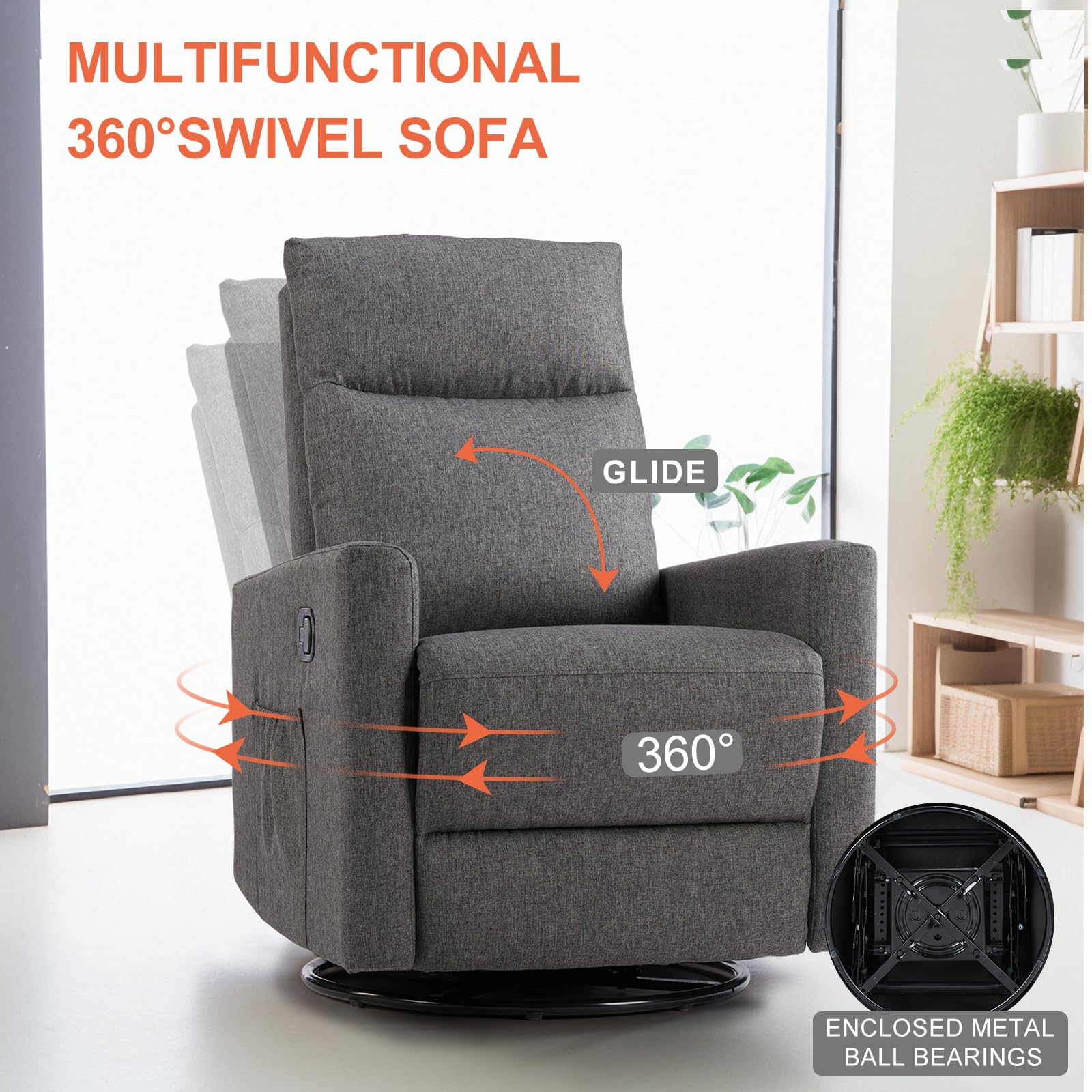 Sweetcrispy 360 Swivel Recliner Chair for Adults - High Back Upholstered Rocking Glider with Deep Seat - Grey Living Room Recliner & Nursery Chair for Relaxing, Nursing & Reading
