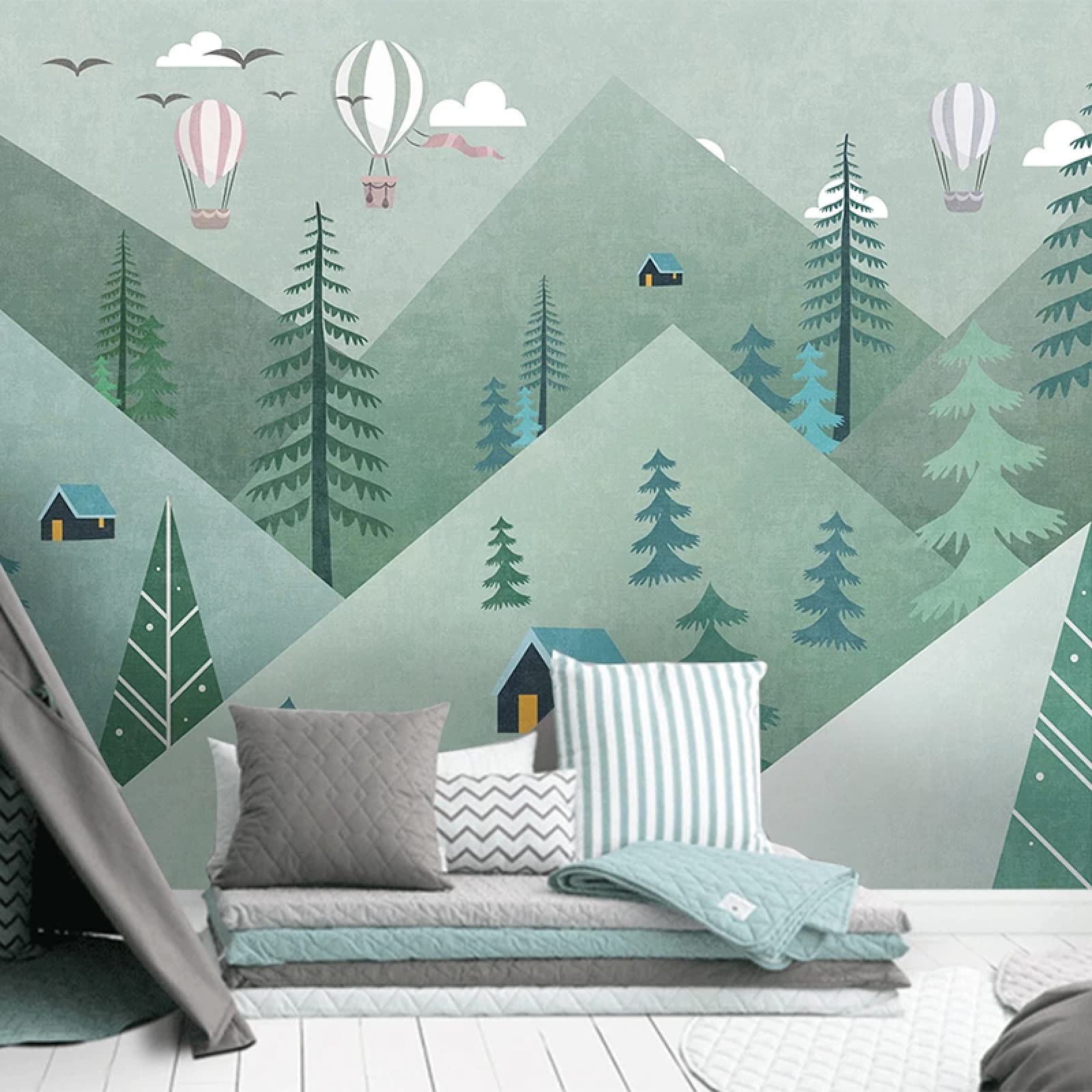 3D Cute Cartoon Geometric Mountain Forest Balloon Mural Wallpaper - 450x300cm Photo Wallpaper for Kids Bedroom & Nursery Decor | Perfect for Children's Room Background, Playroom, and Birthday Party Decoration