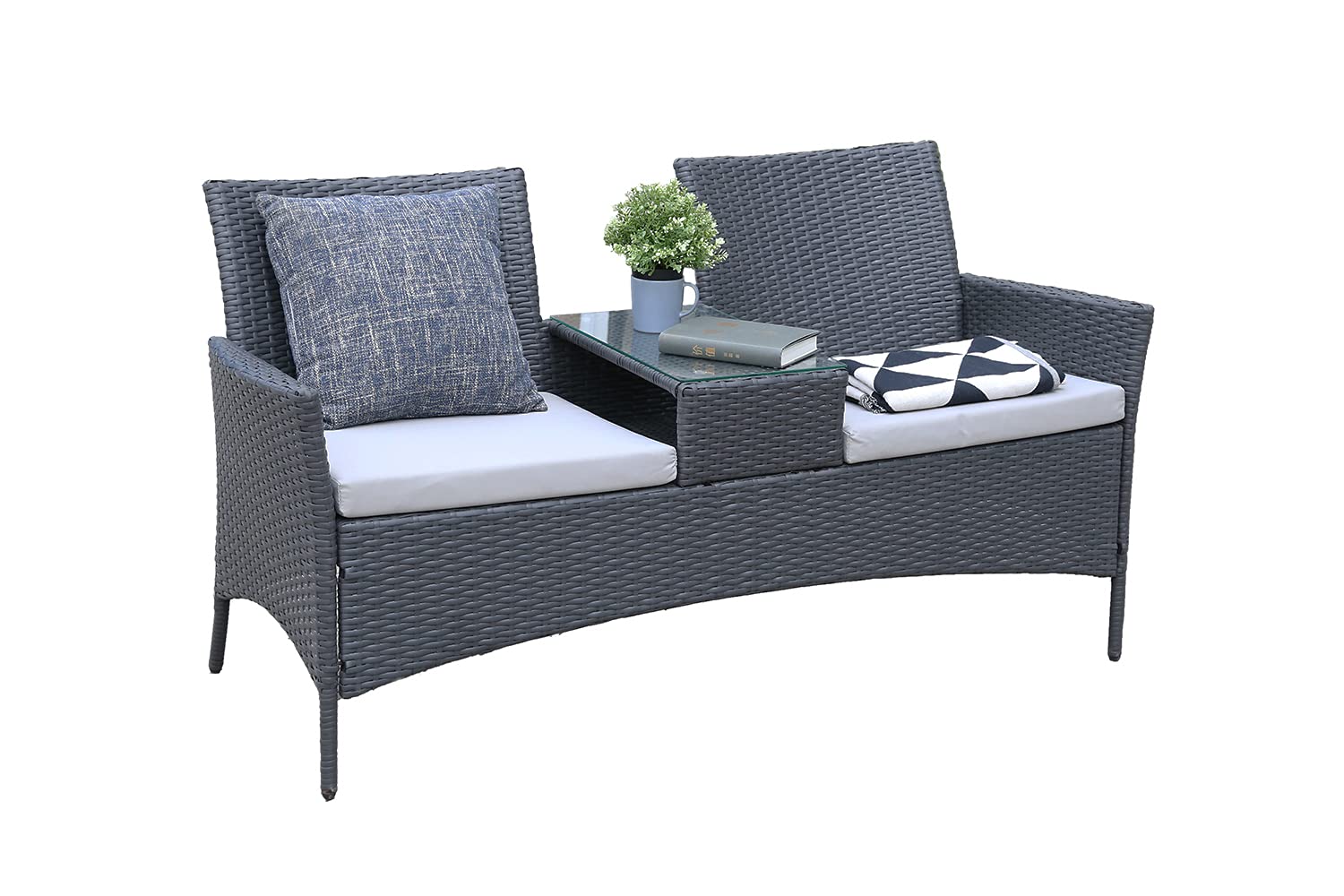 Lazyspace Patio Wicker Loveseat with Built-in Coffee Table - Outdoor Furniture for Garden, Balcony & Poolside Relaxation