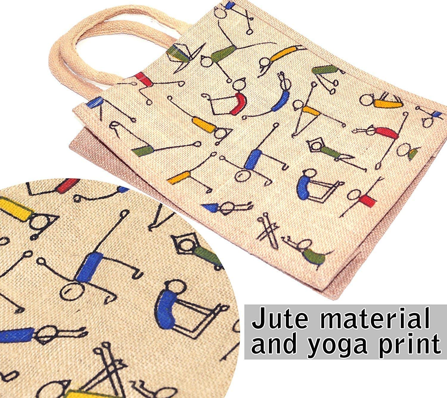 Eco-Friendly Jute Lunch Bags for Men & Women | Reusable Zippered Jute Shopping Tote with Yoga Print | Sustainable Tiffin Carrier & Grocery Bag | Pack of 2 | Perfect for Office, Picnics & Yoga Classes