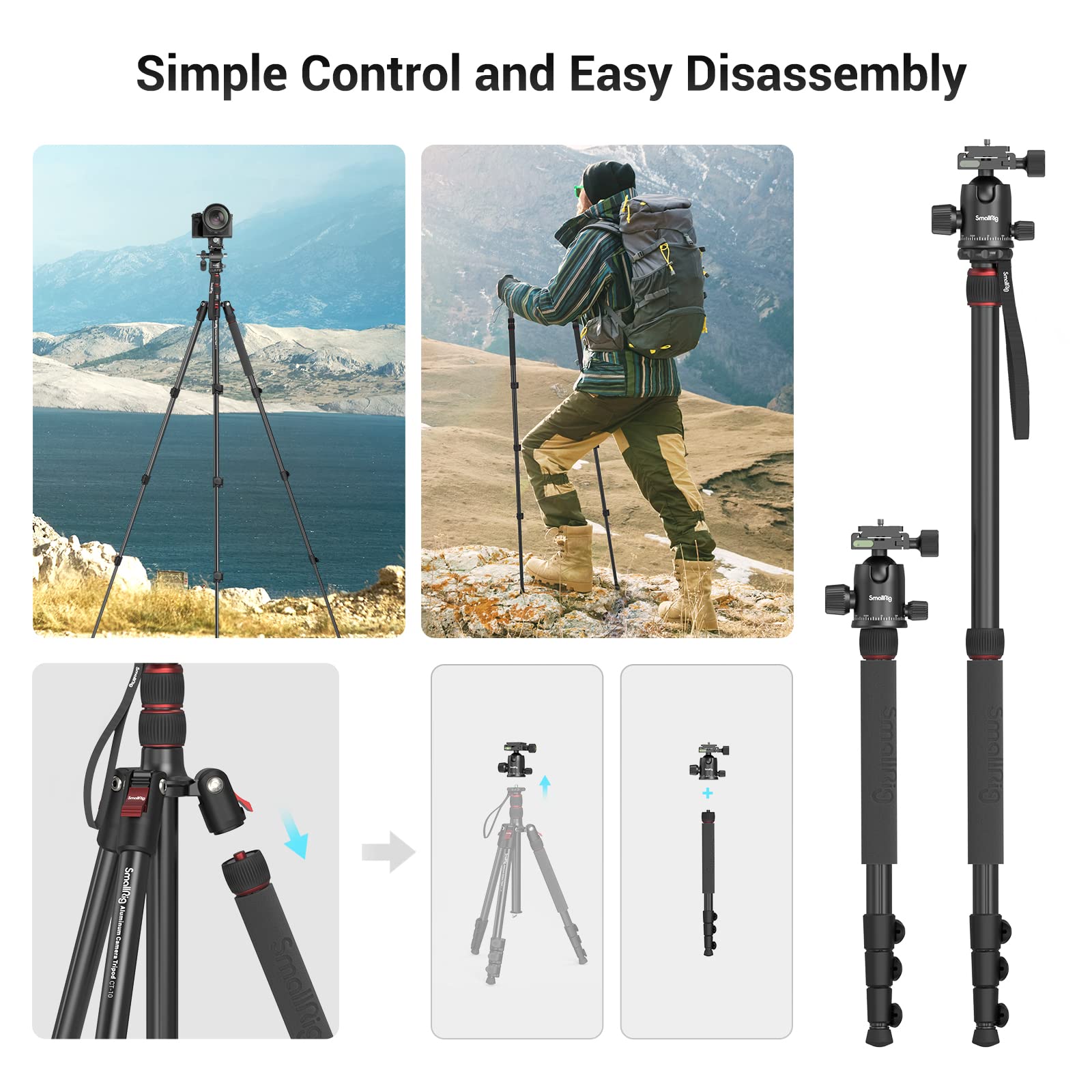 SMALLRIG CT-10 72 Inch Aluminum Camera Monopod with Quick Release Plate - Lightweight Portable Tripod for DSLR Cameras, 360° Panoramic Ball Head, 15kg Max Load, 59-180cm Adjustable Height - Perfect for Travel, Vlogging, and Outdoor Photography