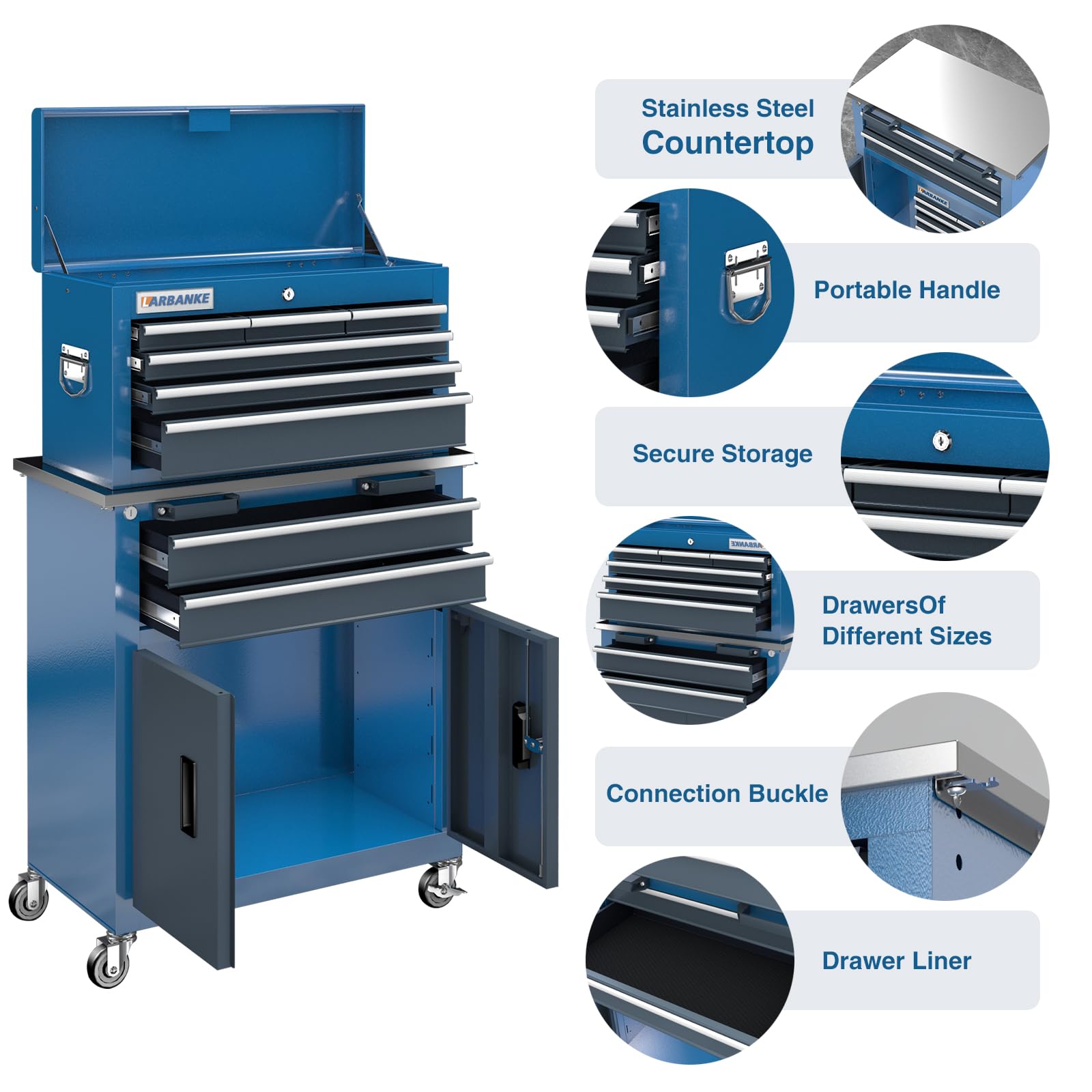 8-Drawer Rolling Tool Chest with Wheels & Locking Door, Sliding Drawers & Stainless Steel Work Surface - Heavy Duty Garage Workbench for Mechanics & DIY Projects - Perfect for Workshop Organization & Automotive Repair
