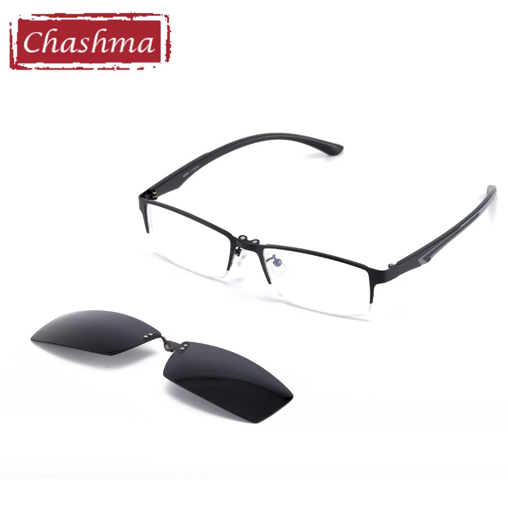 Men's Semi-Rim Square Alloy Eyeglasses with Clip-On Sunglasses 9324 - Stylish Prescription Glasses for Work, Driving & Outdoor Activities