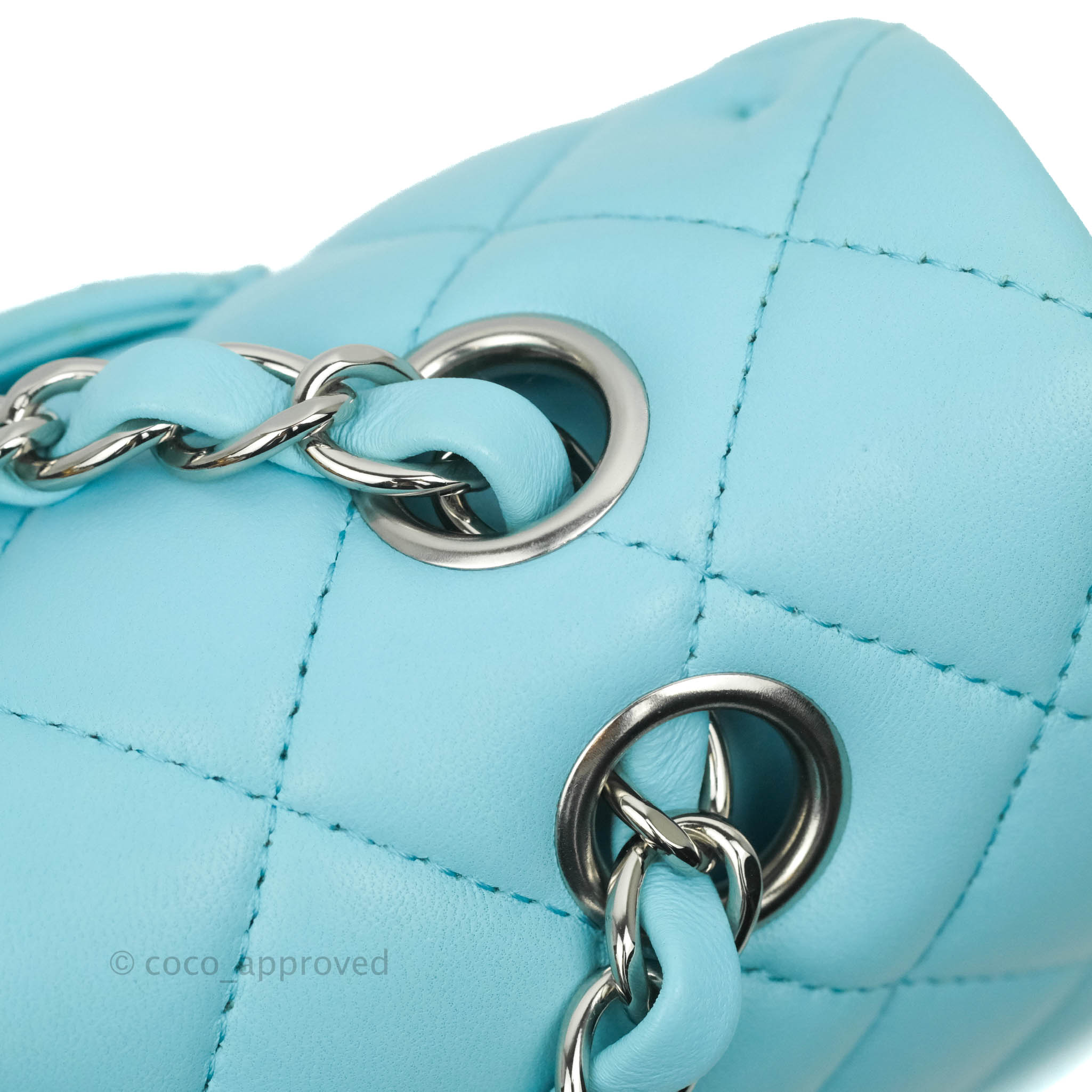 Chanel Classic Medium Double Flap Bag in Tiffany Neon Blue Lambskin with Silver Hardware 21S Collection - Perfect for Evening Events & Luxury Fashion Accessories