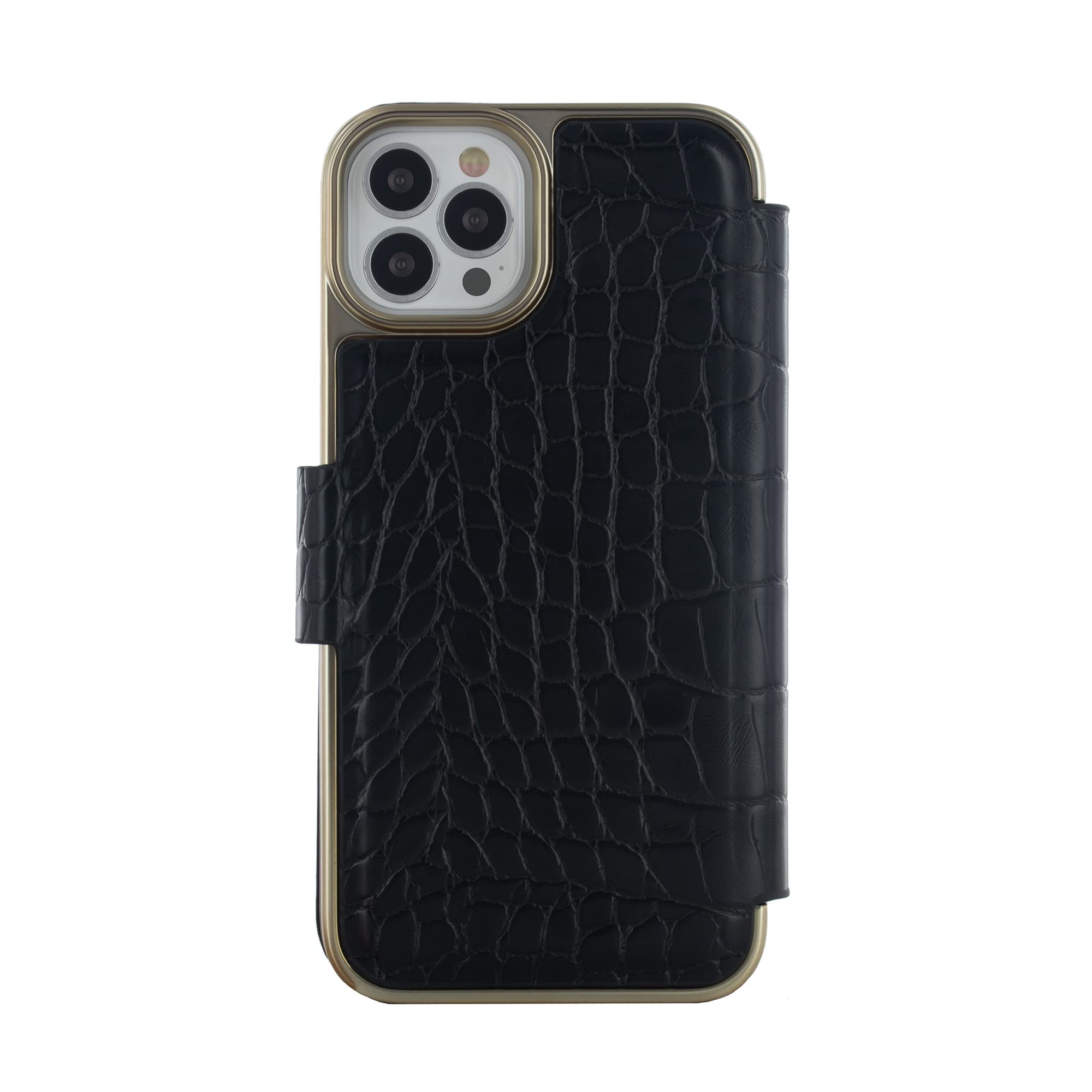 Ted Baker KHAILIA Black Croc-Embossed Leather Wallet Phone Case for iPhone 12/12 Pro - Dual Card Slots & Gold Shell | Stylish Protective Cover for Everyday Use & Business Meetings