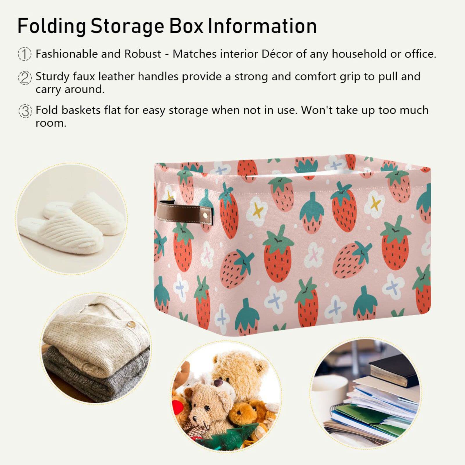 Strawberry Print Foldable Storage Bins (2-Pack) - Collapsible Fabric Storage Baskets with Handles for Nursery, Closet, Bedroom & Office Organization - Perfect for Toys, Books & Home Decor