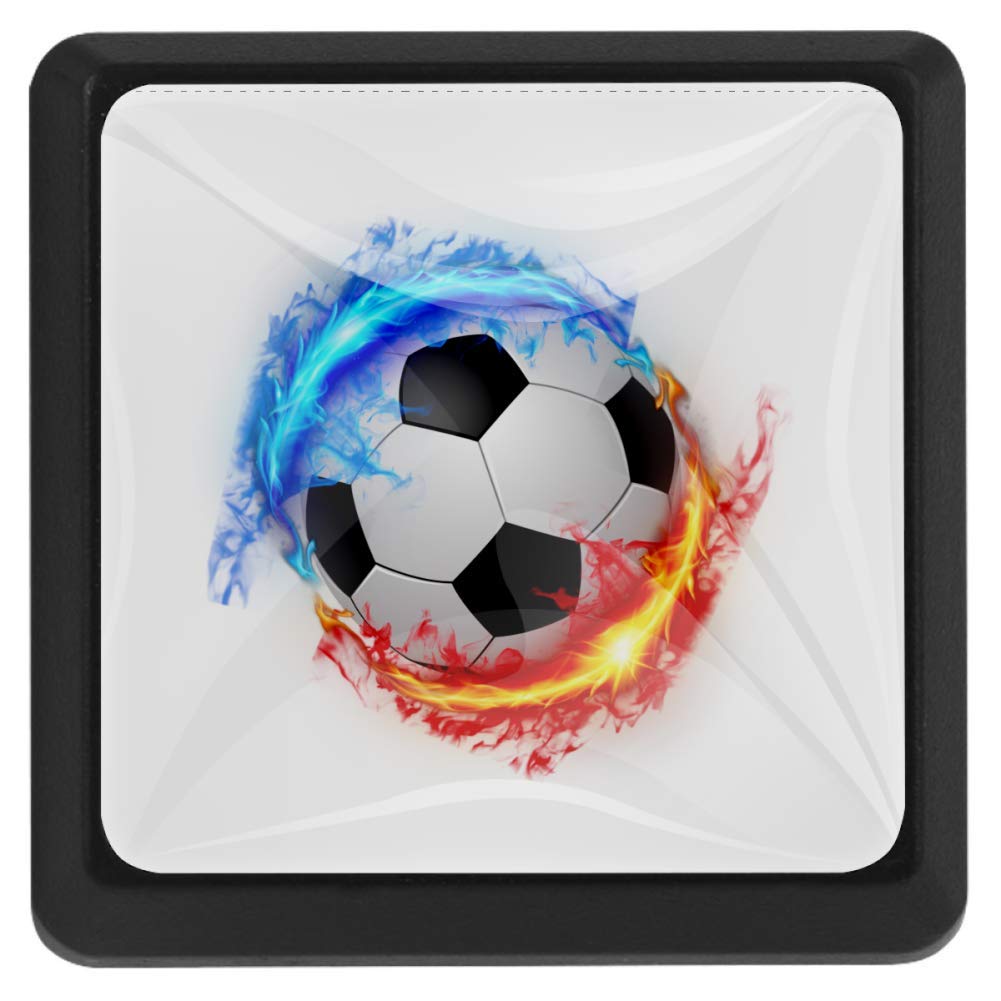 EVANLinism 3-Piece Fire Football Soccer Cabinet Knobs - Square Drawer Pulls for Kids Furniture, Kitchen Cabinets, Dresser, Cupboard & Wardrobe - Includes Screws (Perfect for Children's Bedroom, Playroom & Sports-Themed Decor)