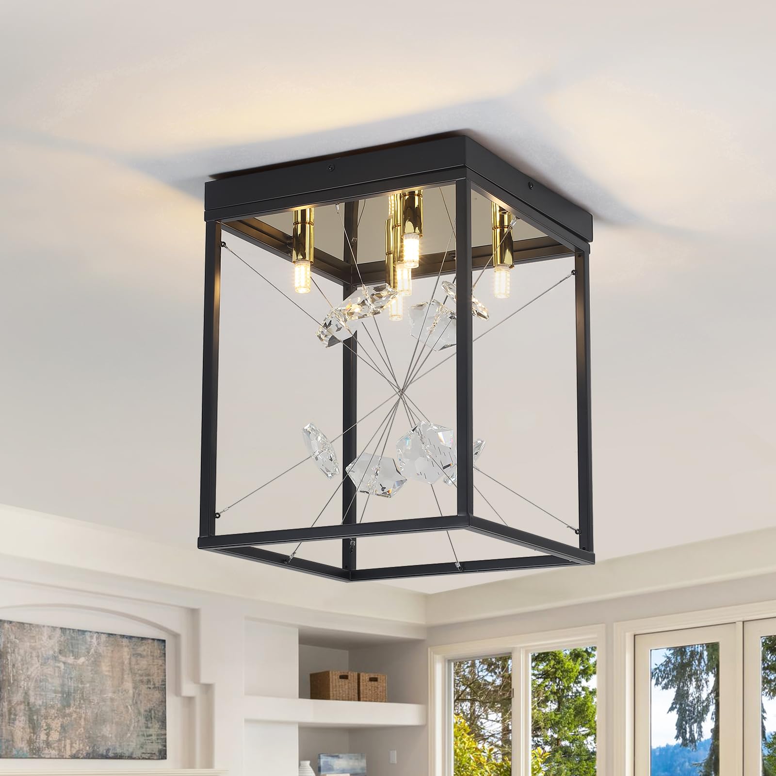 Vintage Black Flush Mount Ceiling Light Fixture - 5-Light Industrial Metal Rectangle Lighting for Farmhouse, Kitchen, Hallway, Dining Room & Entrance - Perfect for Rustic Home Decor & Modern Interior Design