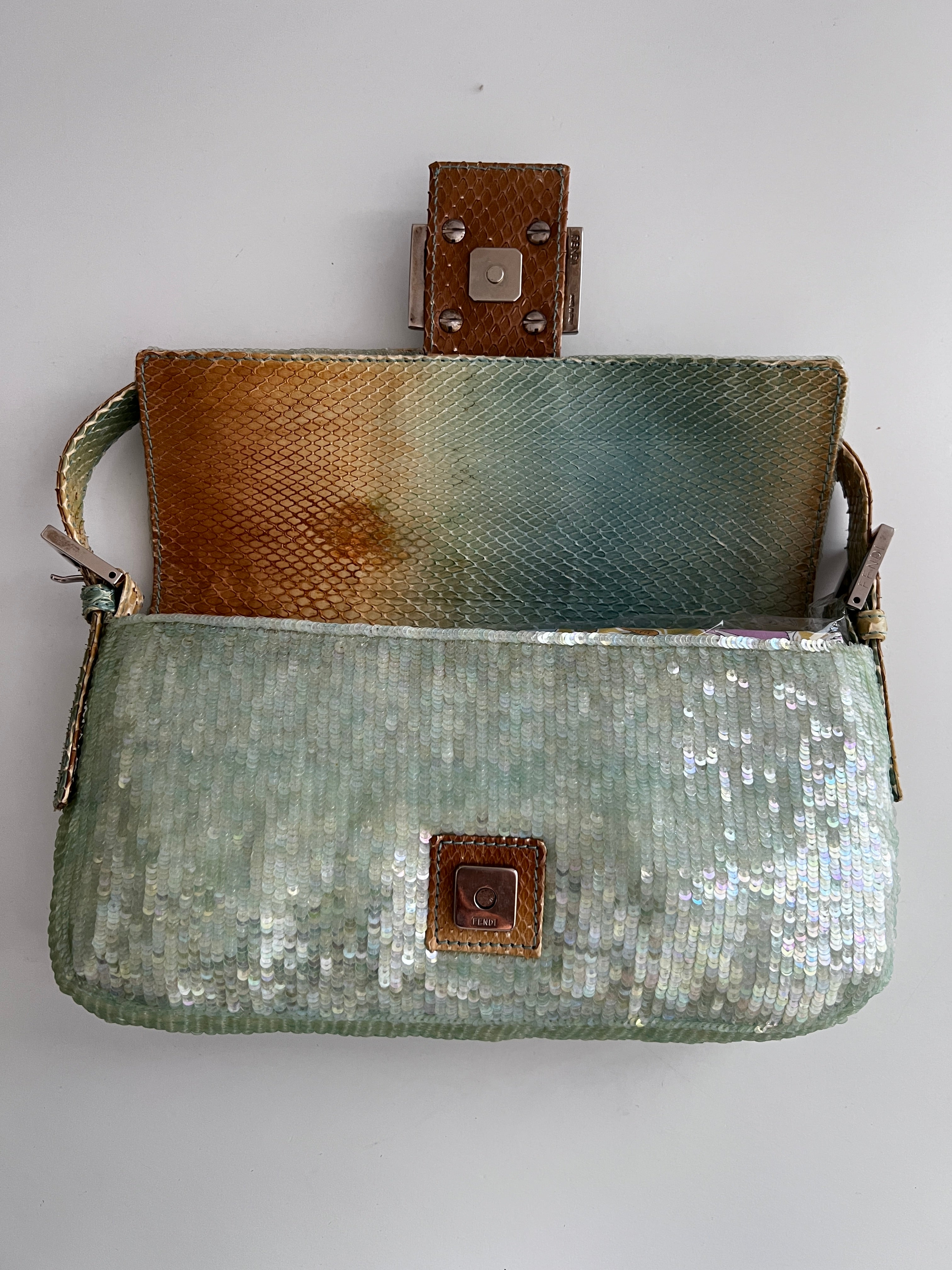 Vintage Fendi Mint Green Sequin Baguette Shoulder Bag - 90s Retro Designer Handbag for Women | Perfect for Evening Parties, Weddings & Special Occasions