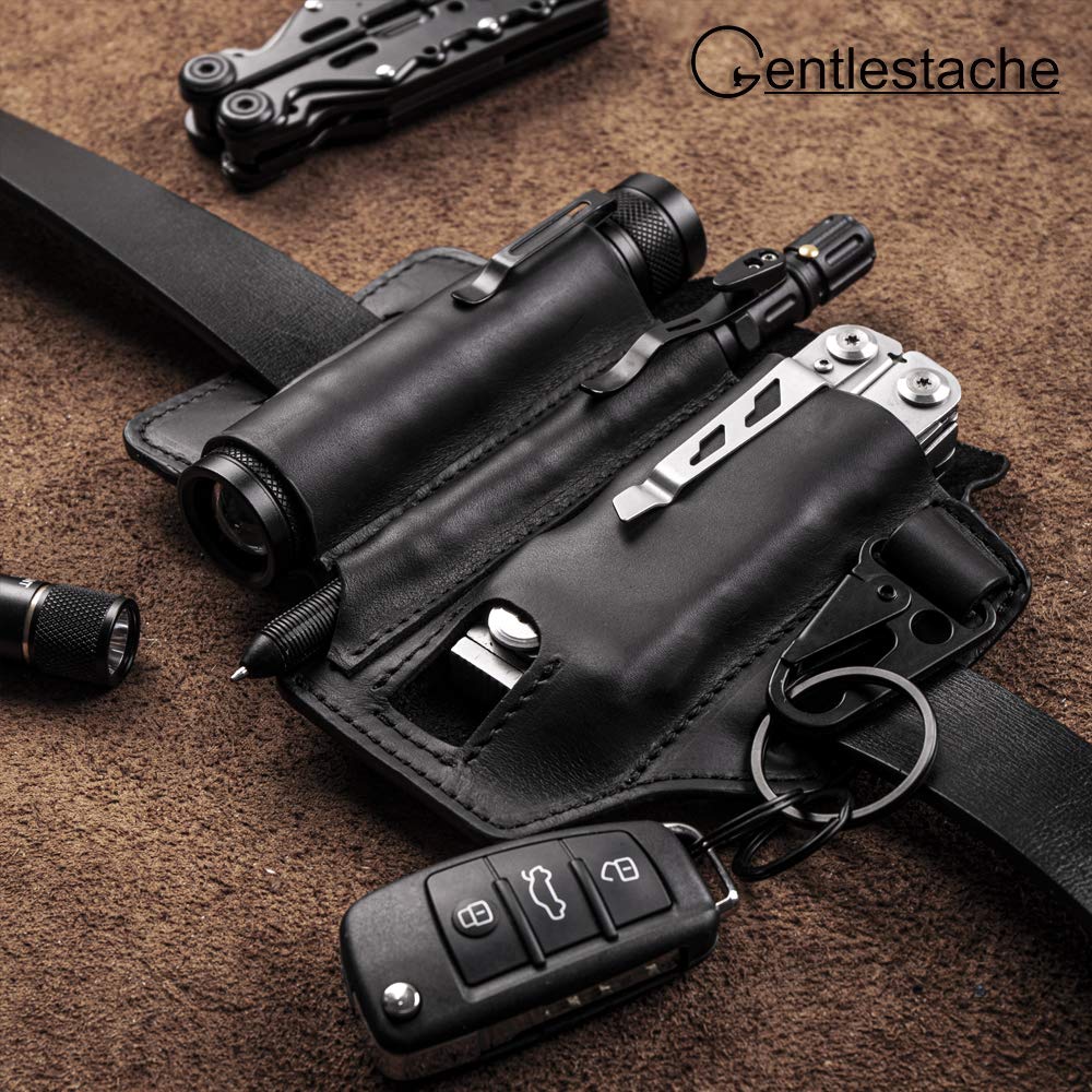 Premium Leather Multitool Sheath for Belt - Leatherman Sheath for Men with Pen Holder, Key Fob & Flashlight Sheath - Durable EDC Pocket Organizer (Black) - Perfect for Camping, Hiking & Everyday Carry
