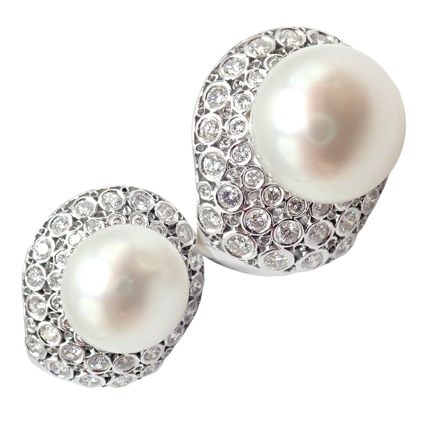Vintage 18K White Gold Diamond & 13mm Pearl Earrings for Women - Elegant Pearl Jewelry for Weddings, Parties & Special Occasions