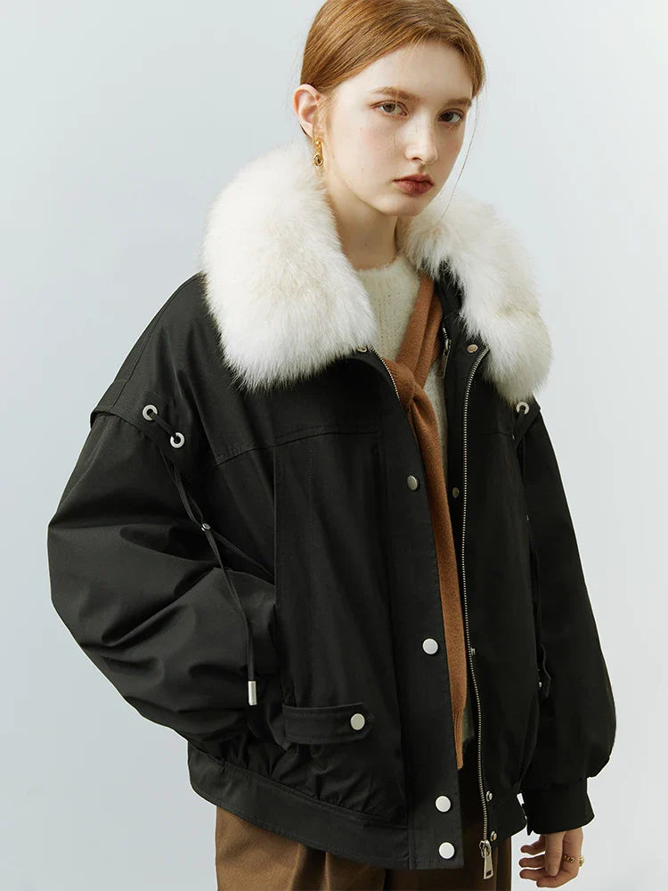 FSLE Women's Fox Fur Collar Short Coat - 2022 Winter Fashion with Removable Rabbit Fur Liner (Black/Khaki) | Warm Winter Jacket for Outdoor Activities & Casual Wear