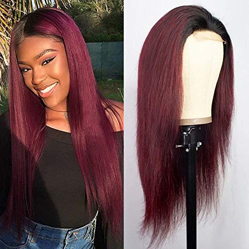 Affordhair 1B 99J Ombre Straight Human Hair Lace Front Wig - Pre Plucked Hairline, 180% Density, 13x4 Glueless Lace Frontal, 18 Inches - Perfect for Black Women | Everyday Wear, Parties & Special Occasions