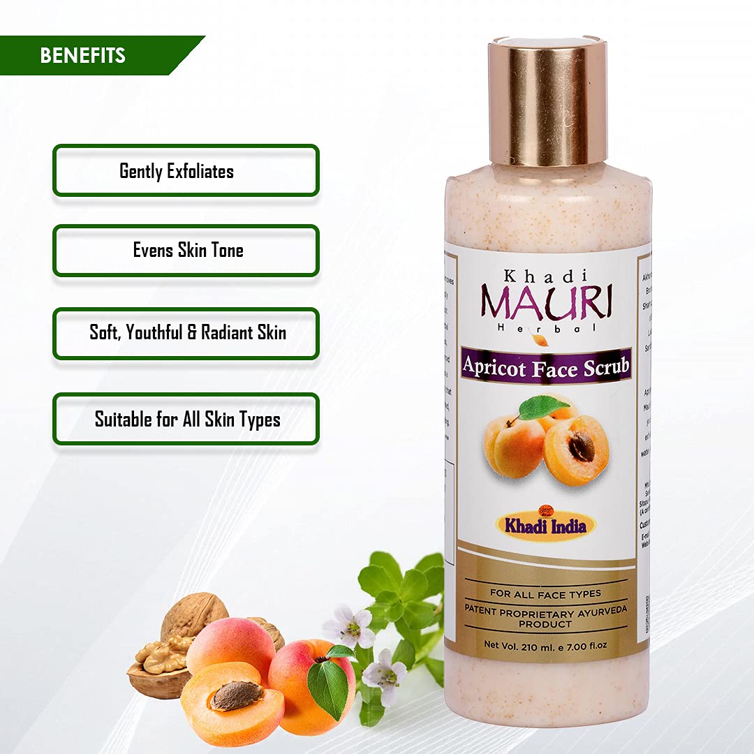 Khadi Mauri Herbal Apricot Face Scrub - Natural Exfoliator for Dead Skin Removal & Skin Revitalization (210ml) | Gentle Cleansing for Glowing Skin - Perfect for Daily Skincare Routine & Spa Treatments