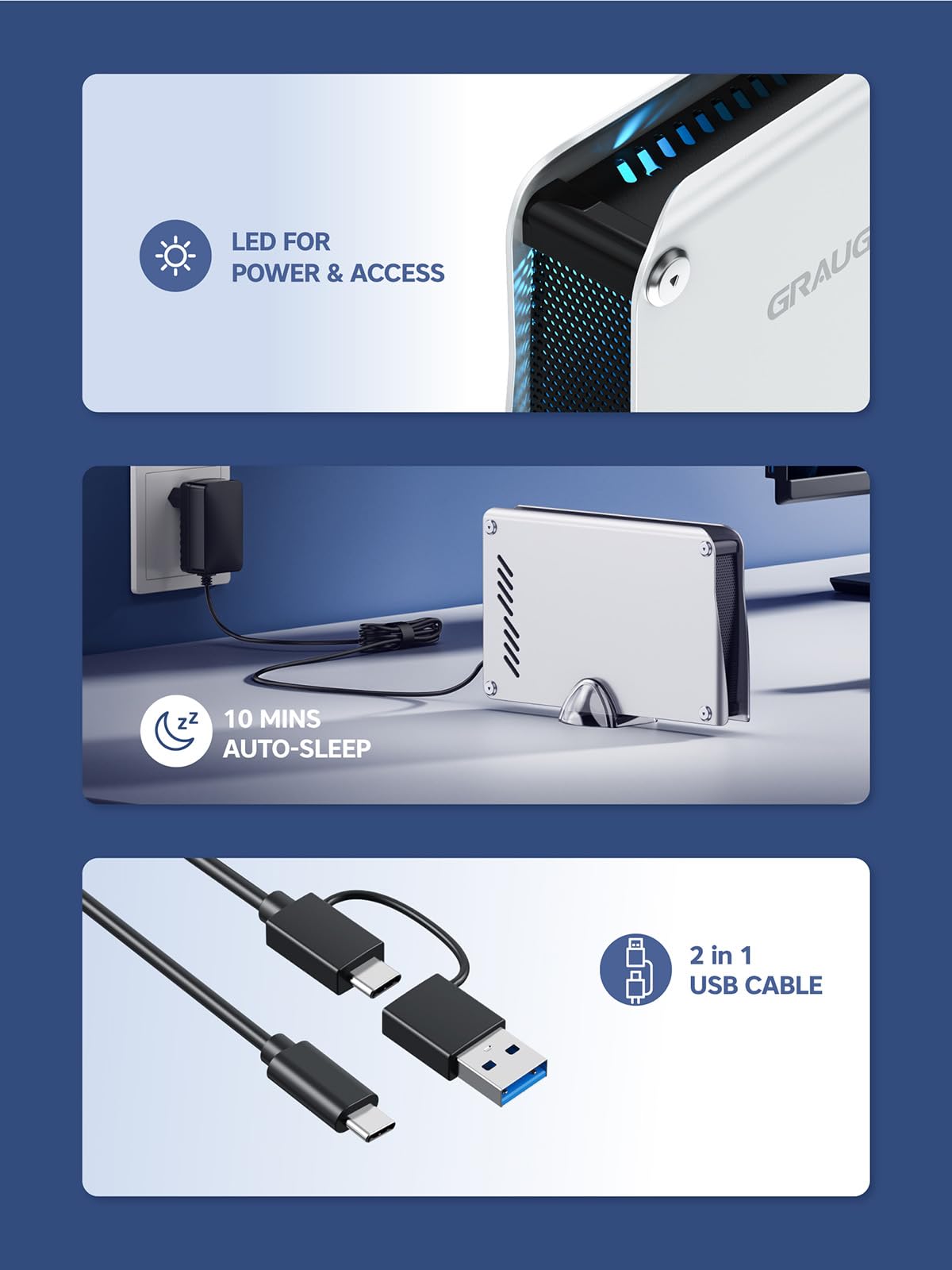 GRAUGEAR 4TB External Hard Drive for PS5/PS4 - High-Speed USB 3.2 Portable HDD with Aluminum Case, Includes USB-C & USB-A Cables - Perfect for Gaming, Backup & Storage Expansion