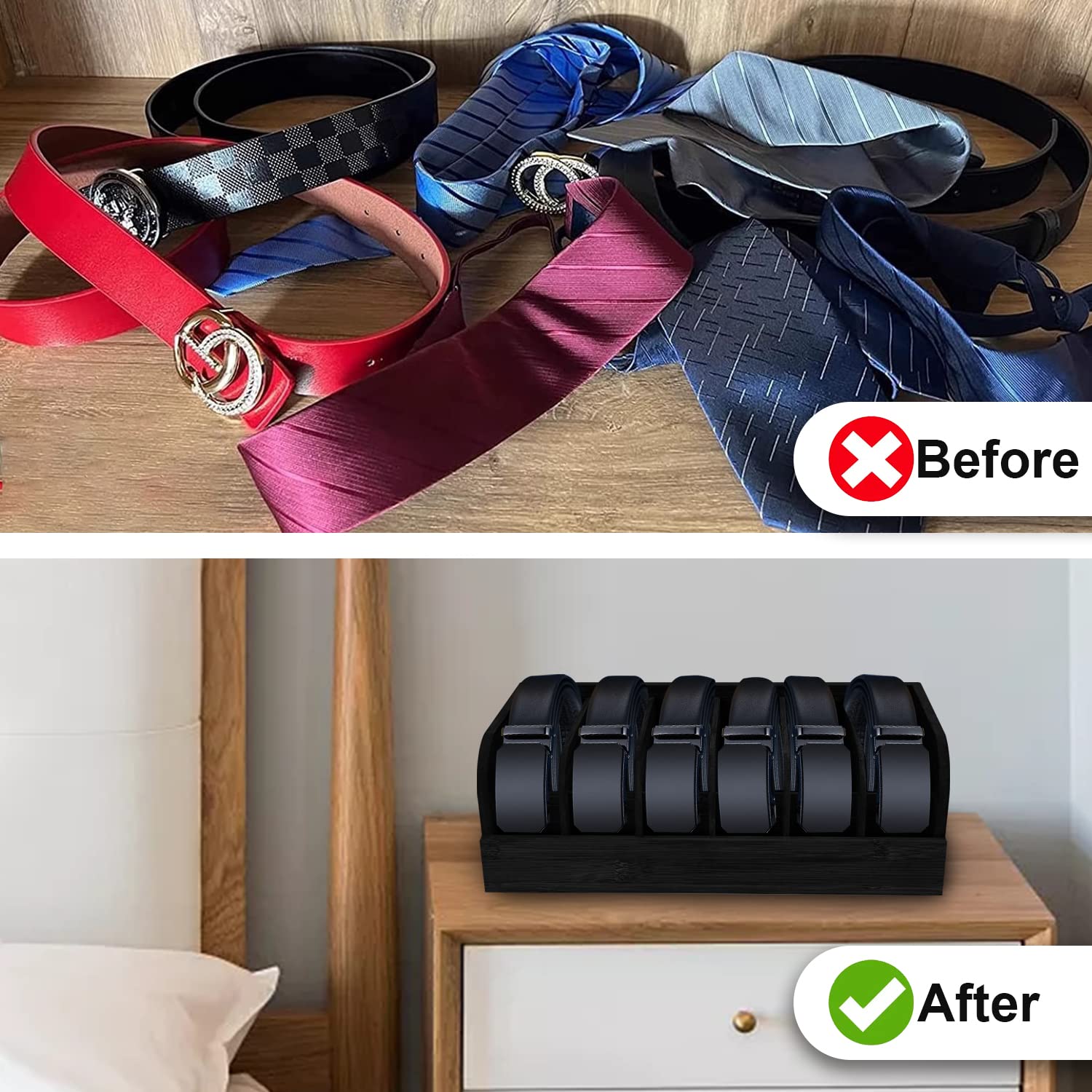 GTI Belt Organizer - 2 Pack 6-Compartment Bamboo Belt & Tie Storage Case for Closet & Drawer - Men's & Women's Belt Holder Organizer (Black) - Perfect for Home, Office & Travel Organization