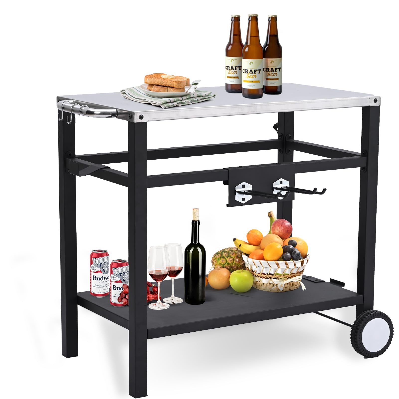 Premium Stainless Steel Outdoor Grill Cart with Pizza Oven Stand & Flattop Griddle - Heavy Duty BBQ Prep Table with Wheels, Hooks & Side Handle - Perfect for Backyard, Patio, Camping & Home Cooking (Silver)