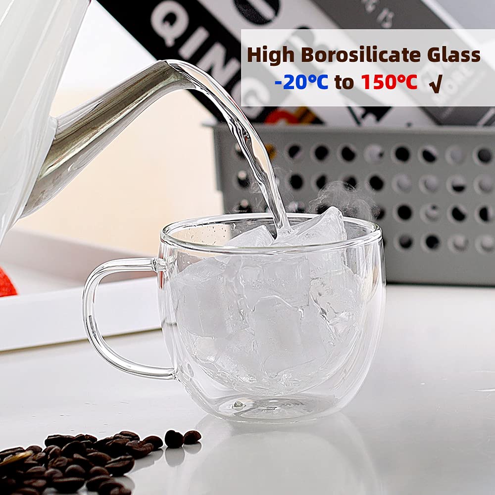 CNGLASS 8oz Double Wall Insulated Glass Coffee Mugs - Clear Espresso Cups with Handle for Hot & Cold Drinks, Perfect for Latte, Cappuccino, Tea - Set of 4 (Ideal for Home, Office & Cafe Use)