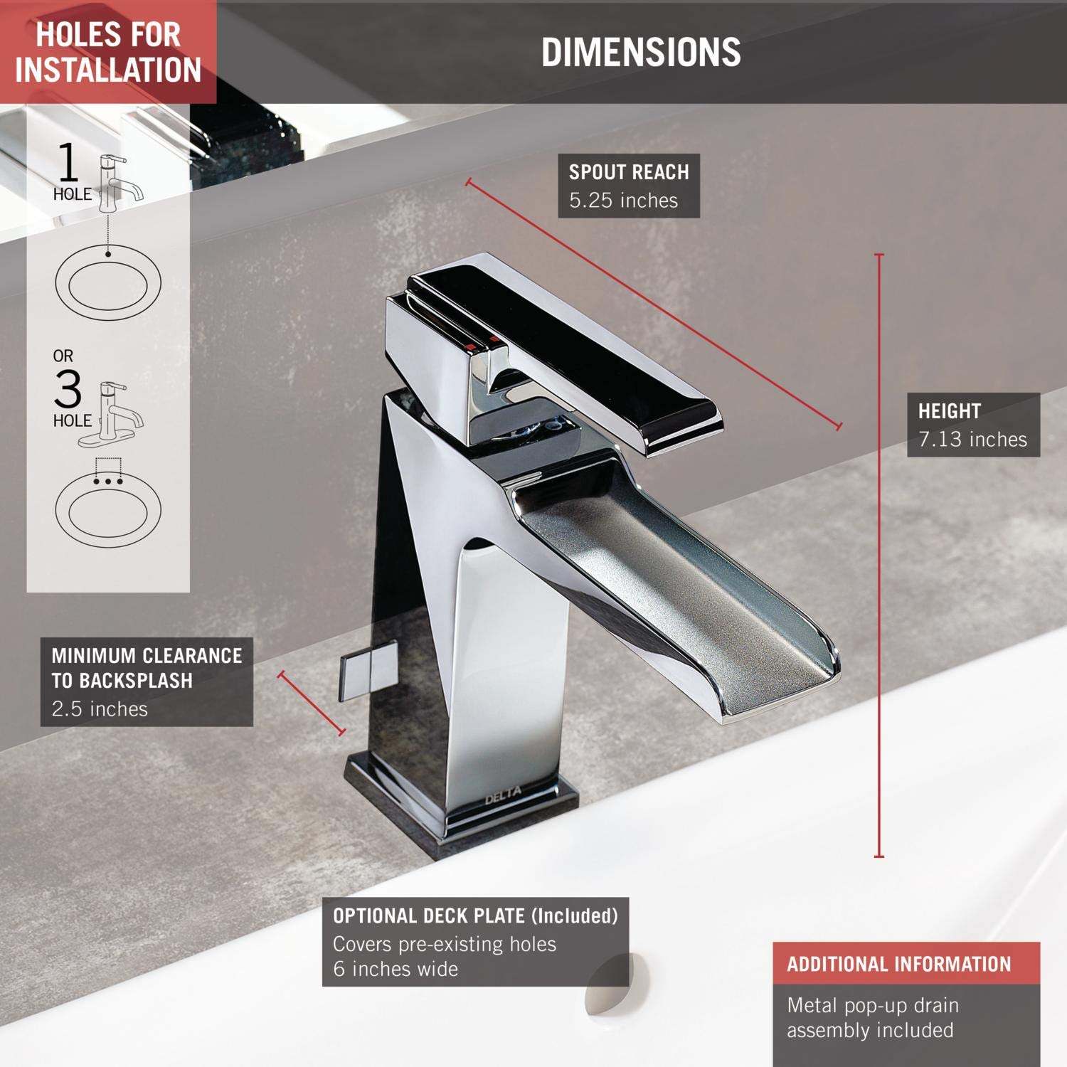Delta Ara Single Handle Waterfall Bathroom Faucet in Chrome - 568LF-MPU with Metal Drain Assembly for Modern Vanity & Spa-Like Bathroom Experience