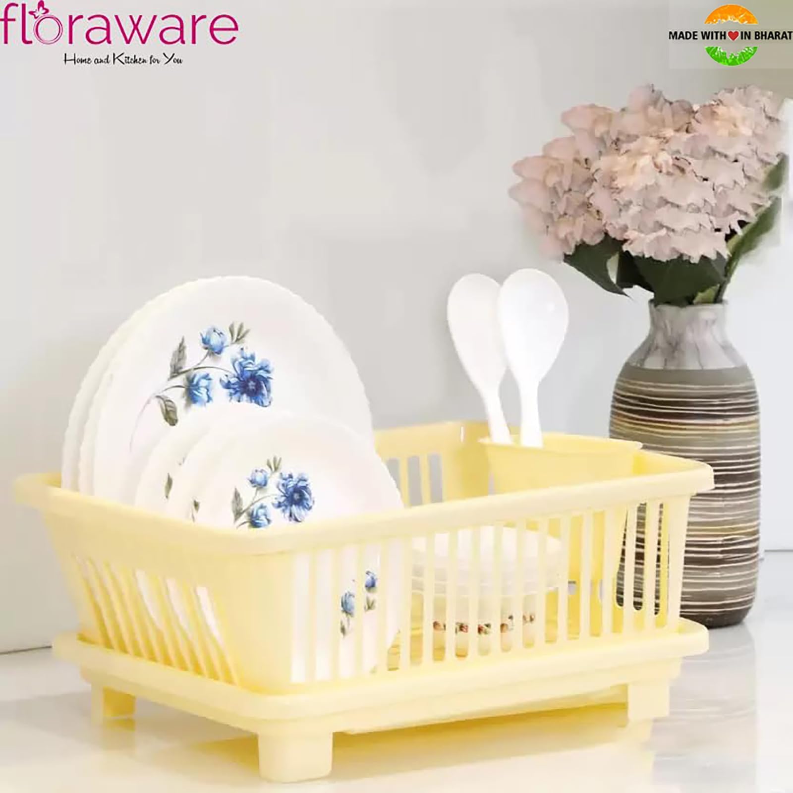Floraware Unbreakable Kitchen Sink Dish Drying Rack - Space Saving Corner Dish Drainer & Organizer for Dishes, Cups & Utensils (Light Brown) | Perfect for Small Kitchens, Countertops & RV Use