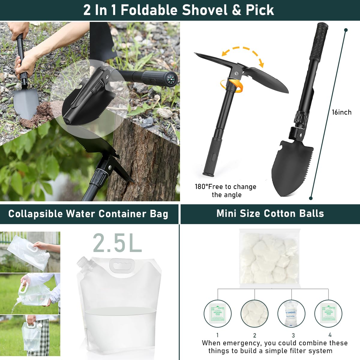 262Pcs Survival Kit with First Aid Kit, Emergency Tent, Camping Axe & Shovel - Portable Crossbody Bug Out Bag for Outdoor Adventures, Hiking, Camping & Emergency Preparedness (Gifts for Men & Women)