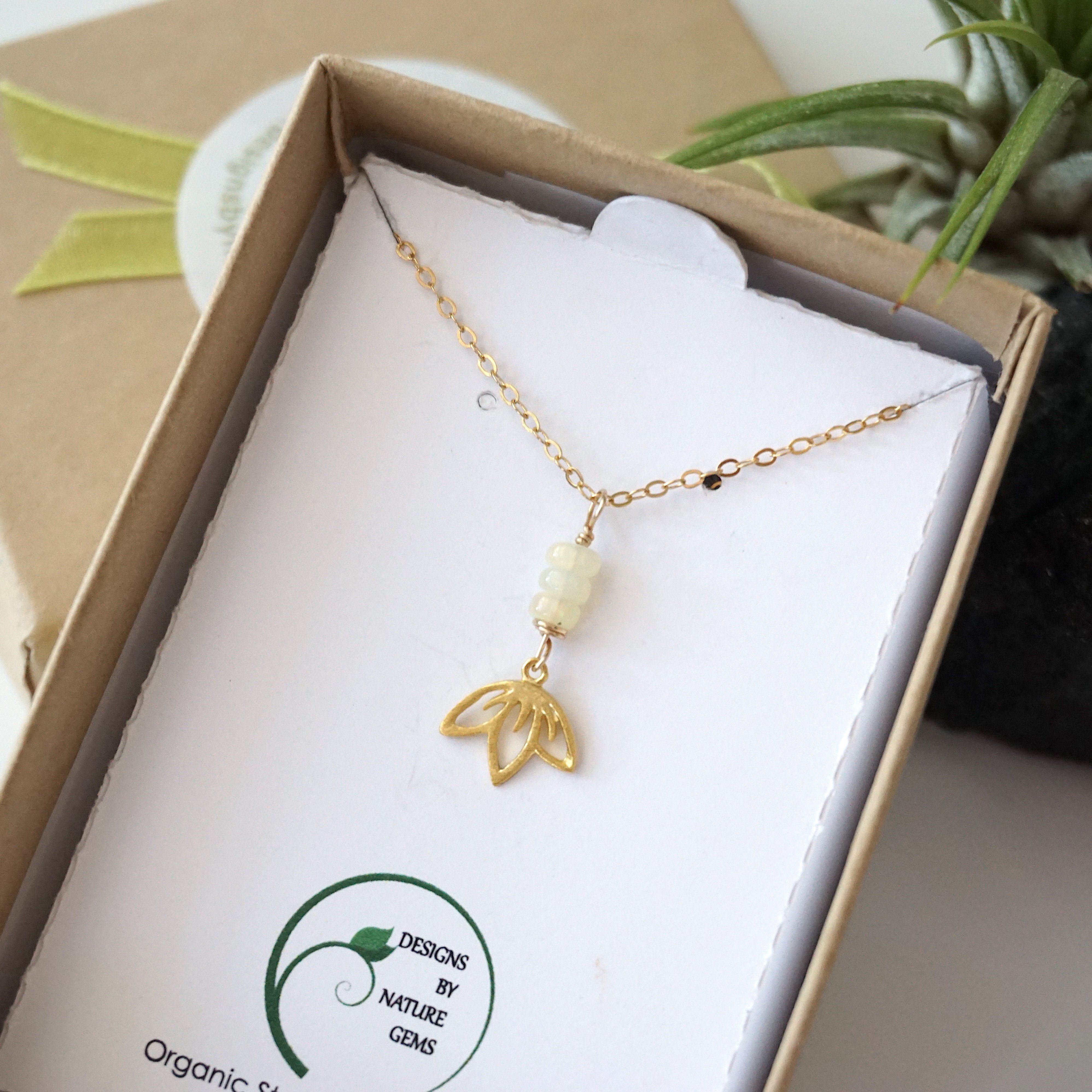 Fire Opal Necklace with 3 Bead Lotus Charm - 14K Gold Filled Jewelry for Women | Elegant Gift for Birthday, Anniversary & Special Occasions