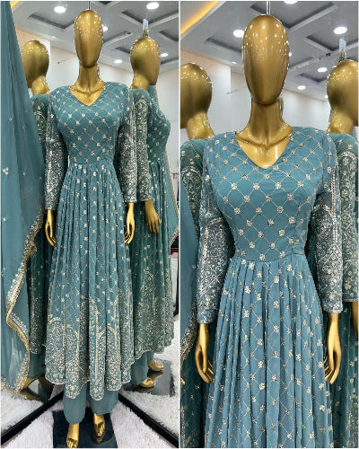 Elegant Soft Muted Green Georgette Sequins Anarkali Gown Suit - UK Next Day Delivery | Perfect for Weddings, Parties & Special Occasions