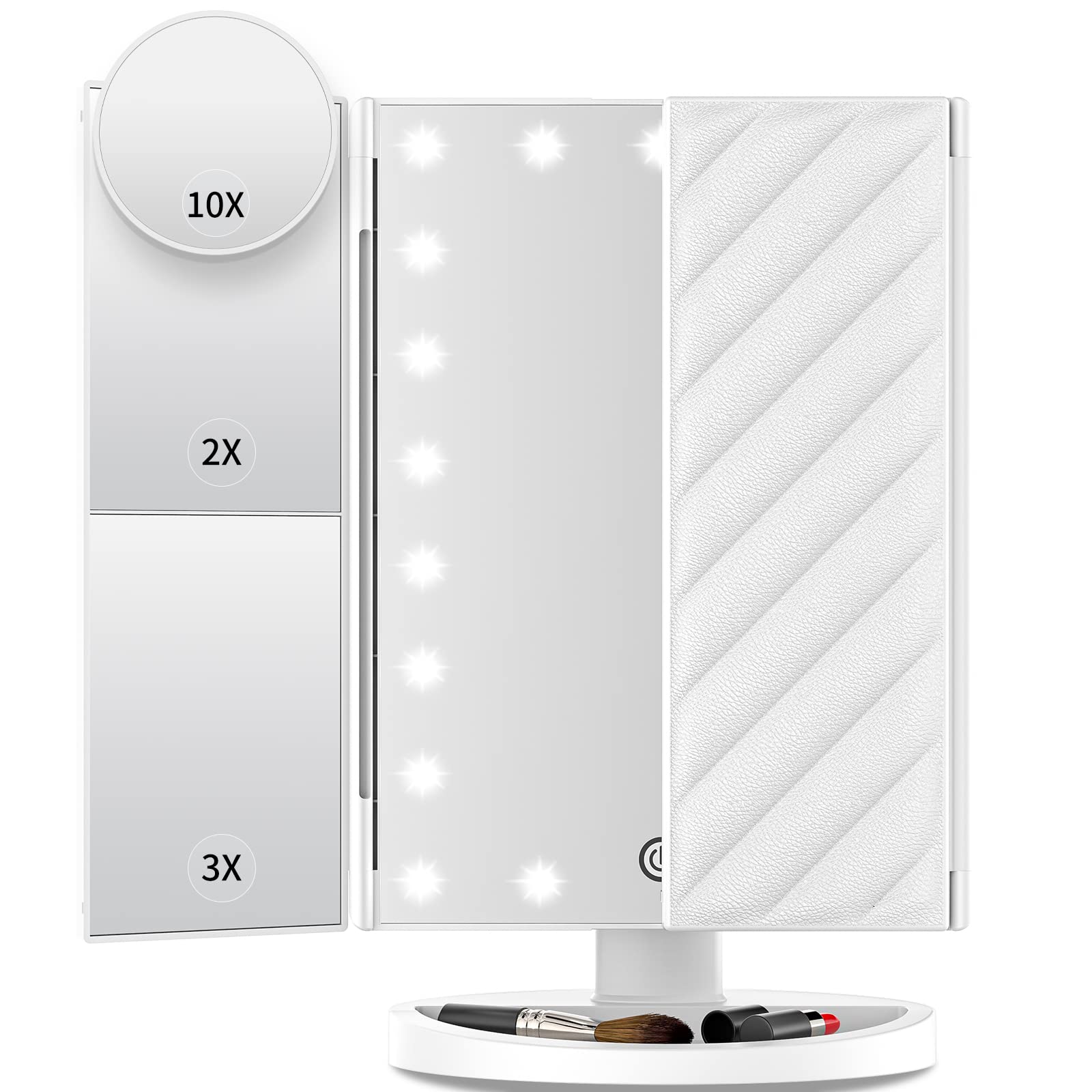 Vanity Mirror with Lights - 3-Sided Lighted Makeup Mirror with 2X 3X 10X Magnification, 21 LED Touch Dimming Mirror, Dual Power Supply (AC/USB) - Perfect for Makeup Application, Skincare Routine & Travel - Ideal Gift for Women, White