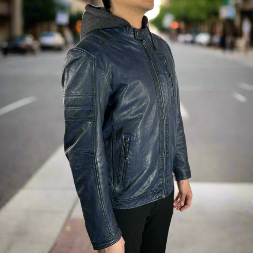 Premium Men's Genuine Sheepskin Leather Jacket with Detachable Hood - Stylish & Warm for Outdoor Adventures, Motorcycle Riding & Casual Wear