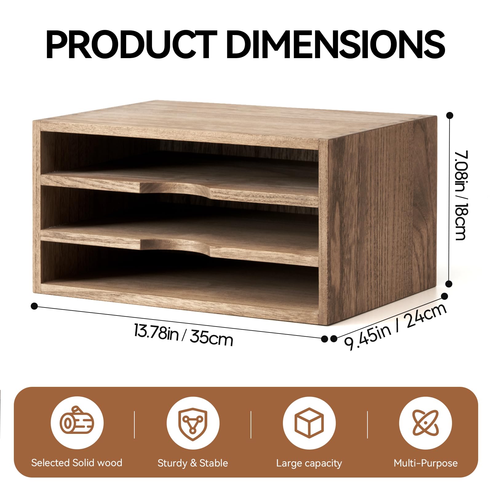 KIRIGEN 3-Tier Wooden Desktop Organizer - Paper Storage Letter Tray, File Sorter & Magazine Holder for Home Office Organization - Dark Brown Desk Accessory (Perfect for Bills, Mail, Documents & Office Supplies)