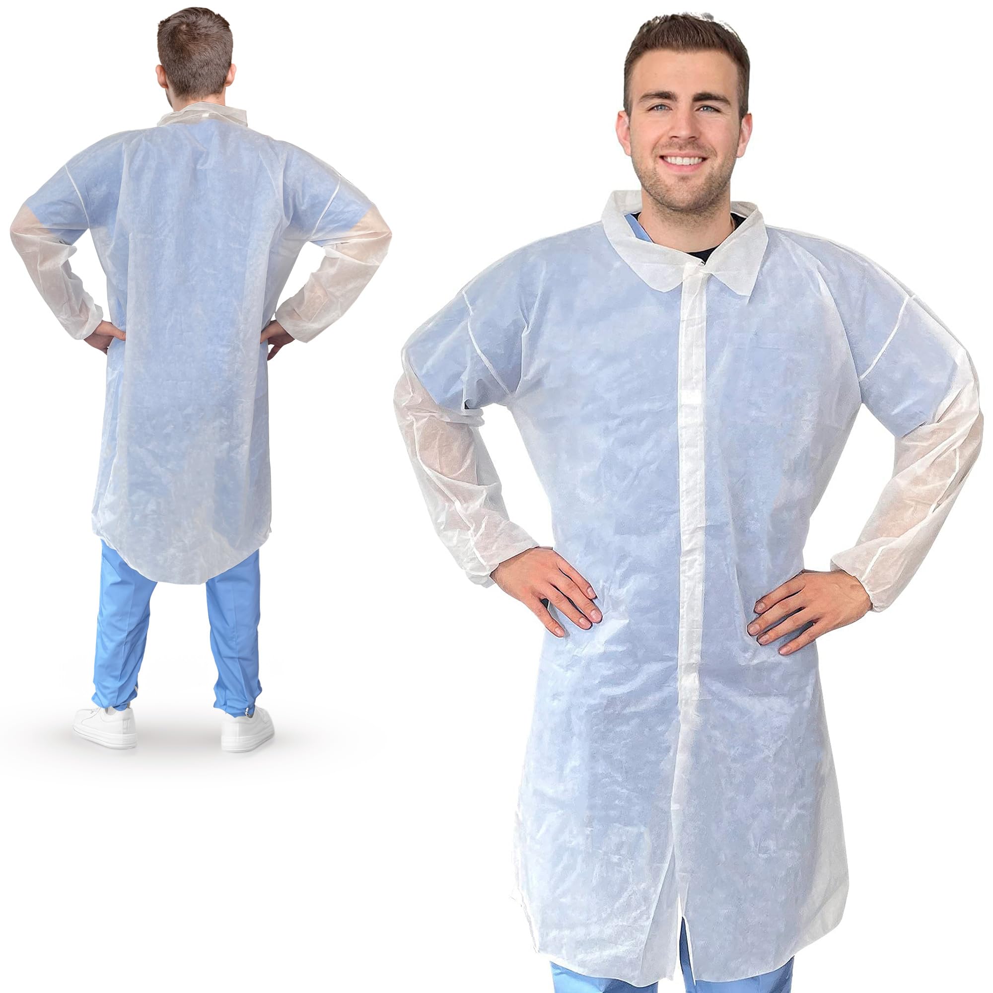 Disposable Lab Coats for Adults - 3X-Large, Pack of 25 White Polypropylene Medical Coats (30 GSM) with Elastic Cuffs & 4 Snaps - Ideal for Healthcare Workers, Laboratories, Cleanrooms & Food Service Industry