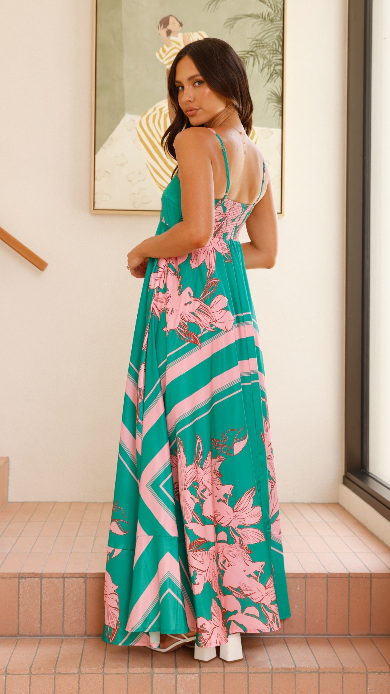 Kaethe Maxi Dress - Green & Pink Floral Summer Dress for Women | Beach Wedding, Vacation, Party Wear
