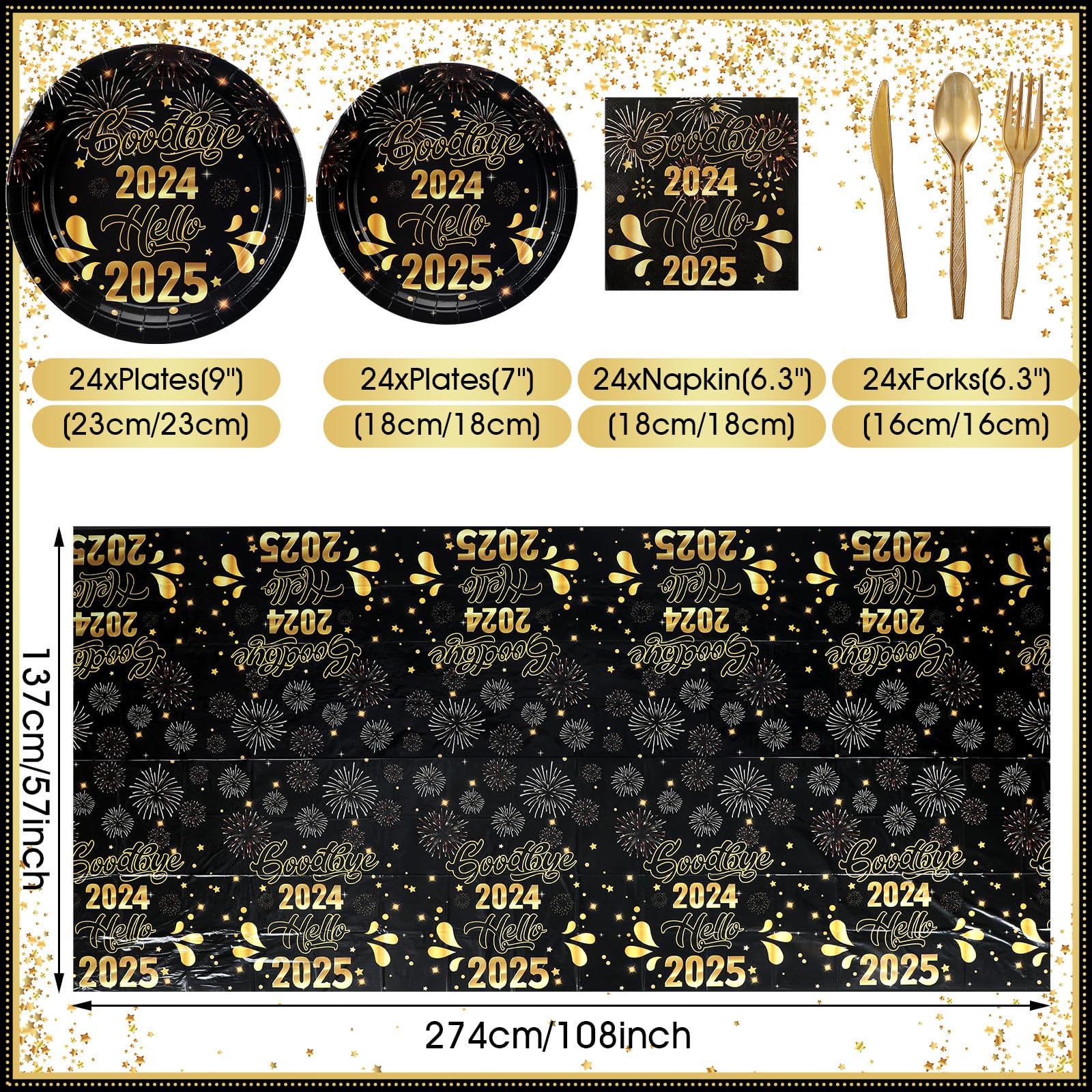 170 Pcs New Year's Eve Party Supplies 2025 - Disposable Tableware Set with Plates, Napkins, Cups, Cutlery & Decorations for NYE Celebration - Perfect for Countdown Parties, Family Gatherings & Office Events