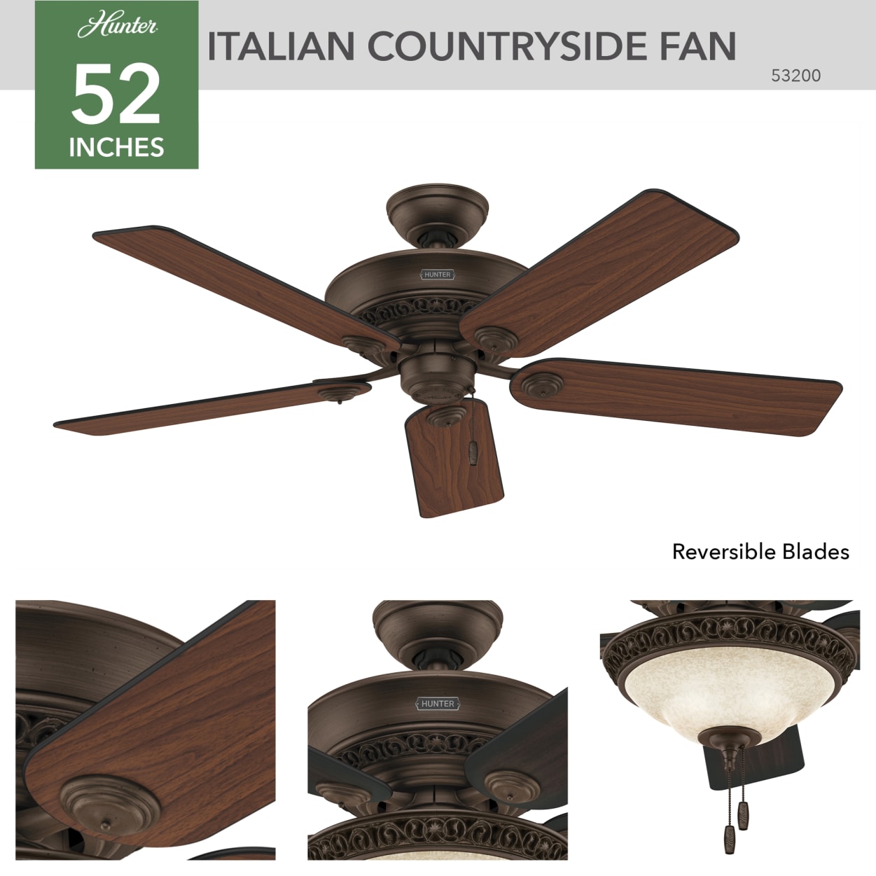 Hunter 52 Inch Italian Countryside Ceiling Fan with Remote Control - Rustic Wood Blades, Indoor/Outdoor Use - Perfect for Patio, Living Room, Bedroom & Farmhouse Decor