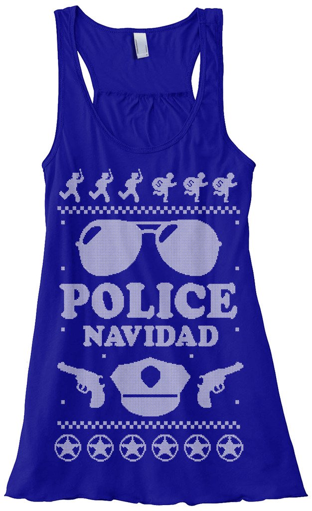 Threadrock Women's Police Navidad Ugly Christmas Sweater Flowy Racerback Tank Top - Festive Holiday Party Outfit for Christmas Gatherings & Ugly Sweater Contests